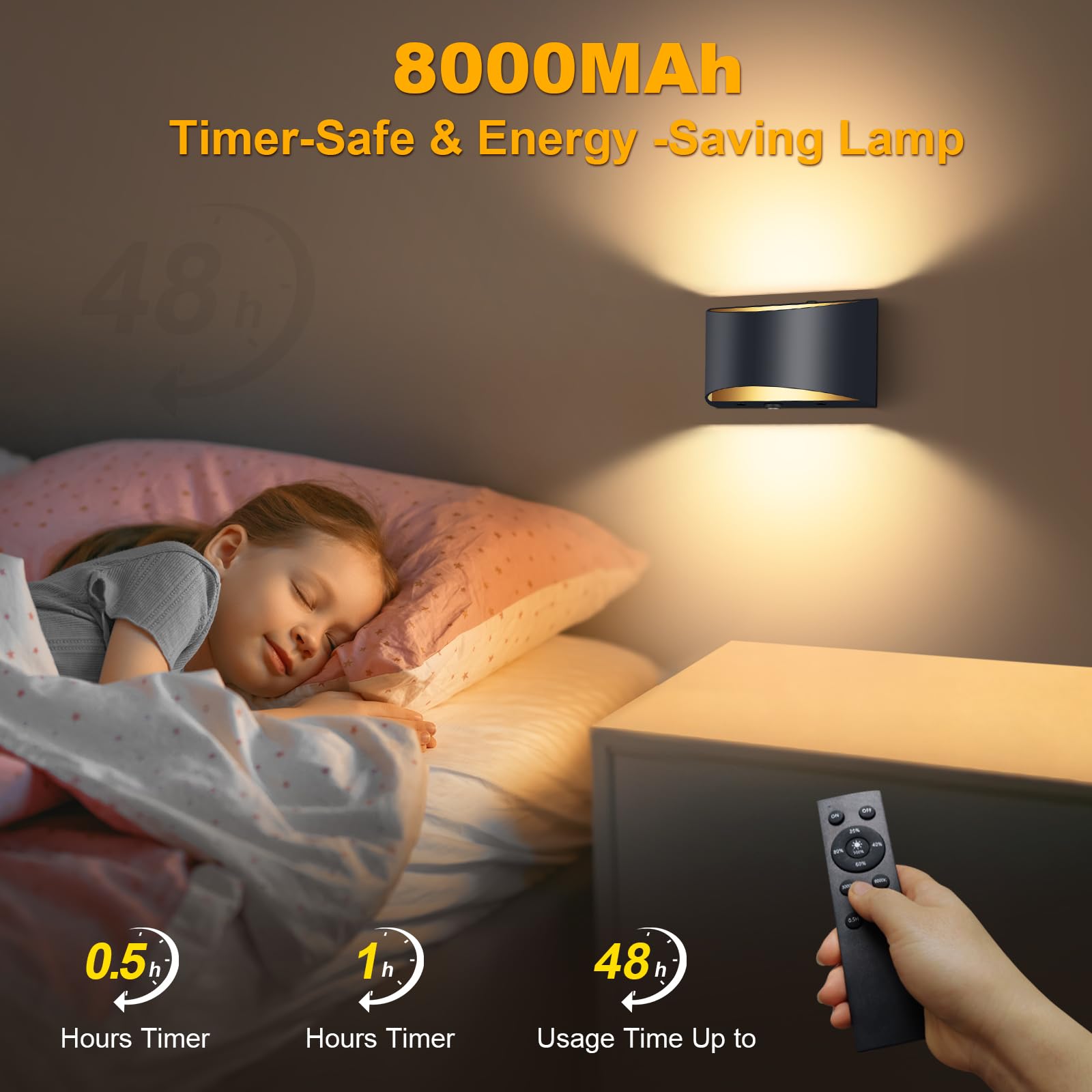 Aiilsmp Battery Operated Wall Sconce, Remote Control, 50W Equivalent, Dimmable 3000K-6500K, Black, Aluminum, Model AW009