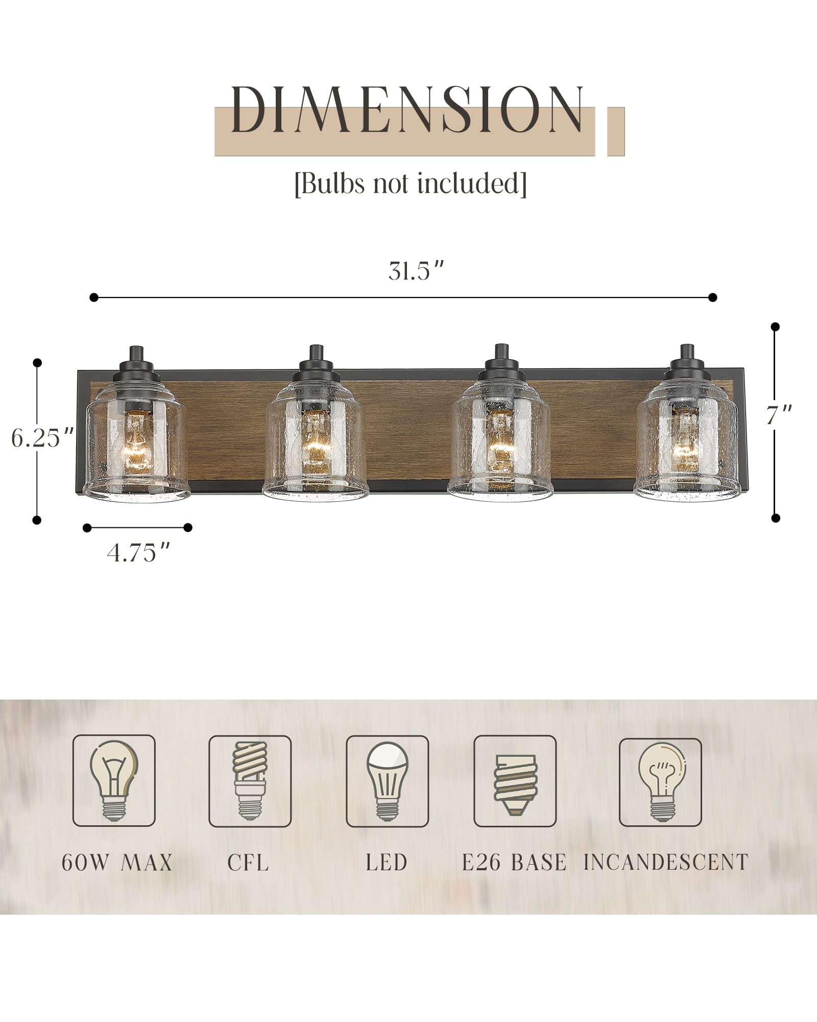 YKLITG 31.5 inch Farmhouse Bathroom Vanity Light Fixture, 4-Light Dark Wood Rustic Vanity Light with Seeded Glass Shades for Bat