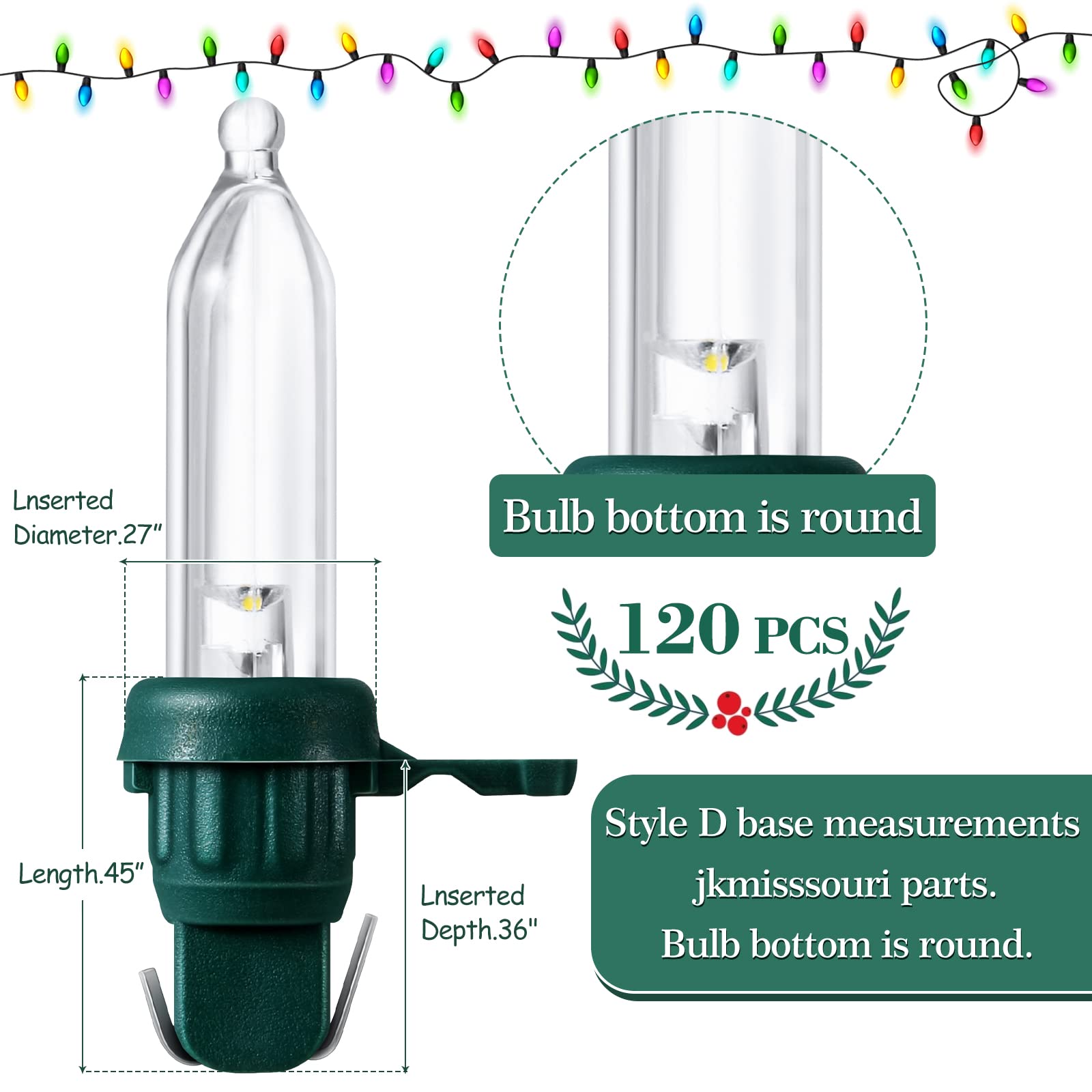 Remagr 120 Pcs Christmas Led Replacement Bulb Mini Wide Angle Led Xmas Bulb Tree Light Bulb Outdoor String Light Replacement Bulb For Christmas Garden Party Decor(Green Base With Cold White Bulb)