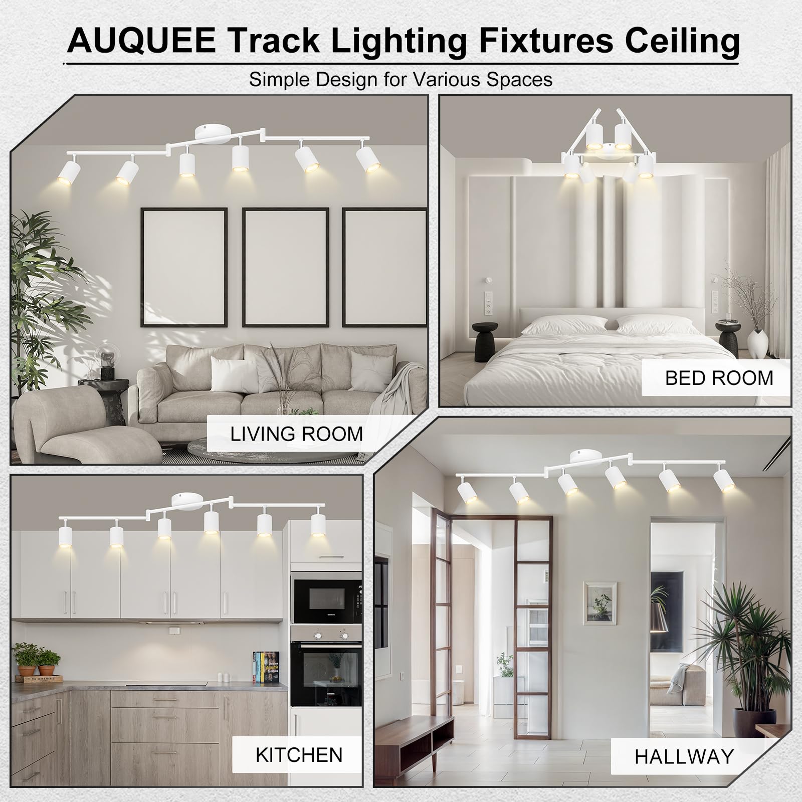AUQUEE 6-Light Track Lighting Fixtures, Matte White, Rotatable Light Heads, Foldable Arms, Modern Design for Kitchen/Hallway, Model AQC0162US