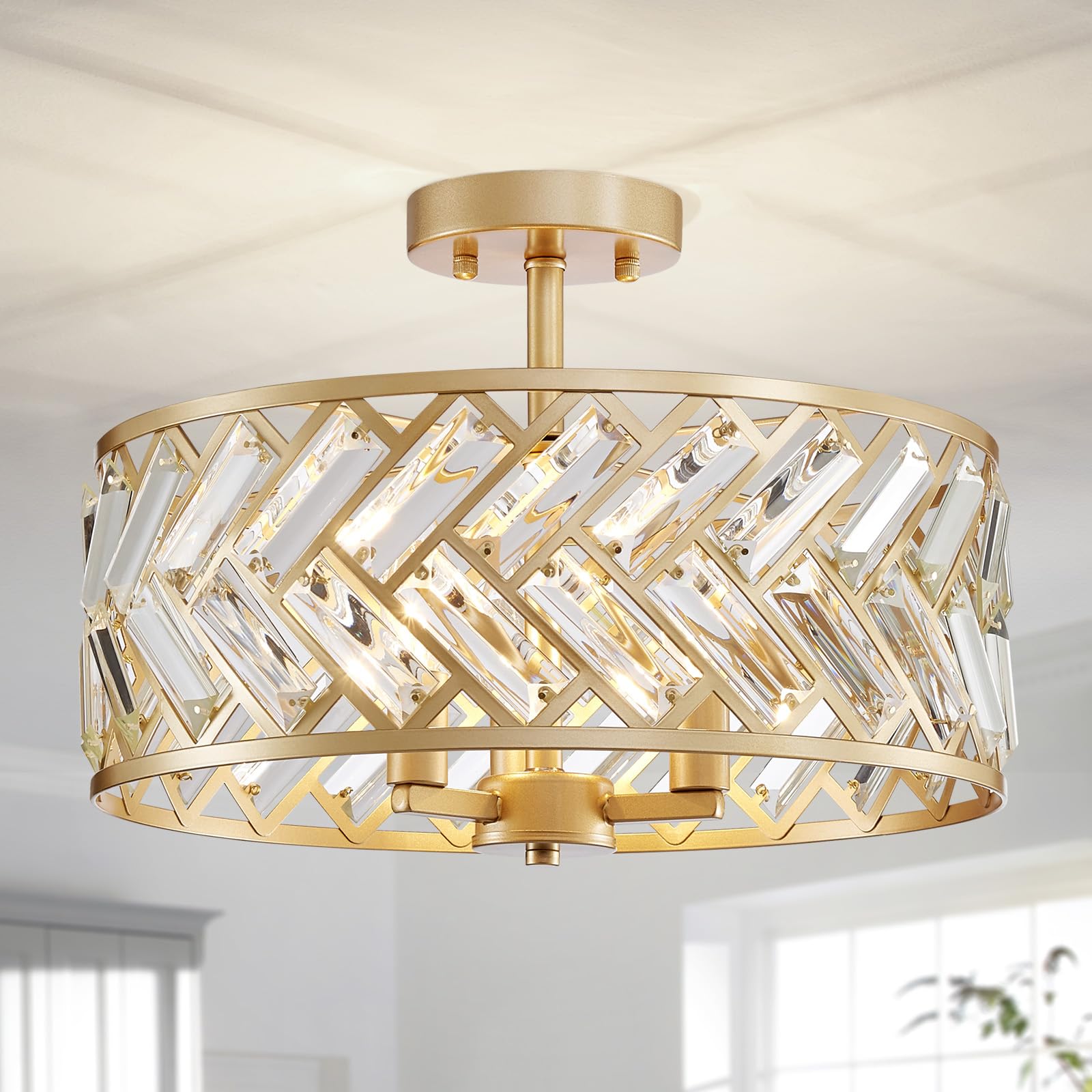 AGV LIGHTING CL052G K9 Crystal Ceiling Light  Flushmount Ceiling Light Fixture for Living Room  Close to Ceiling Modern Design  3-Lights  D15 x H11 in  Clear Crystal & Gold Finish Frame