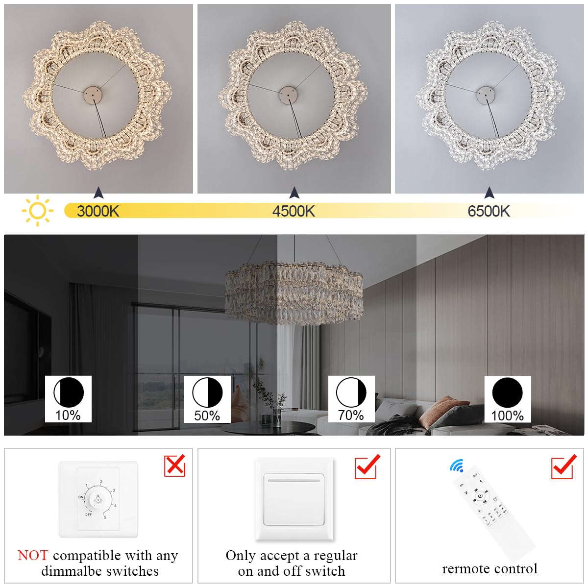 Poemoon Modern Crystal LED Chandelier 32’’ with Remote Control, Dimmable 3000-6500K, Chrome, Model P40-800C1, Large