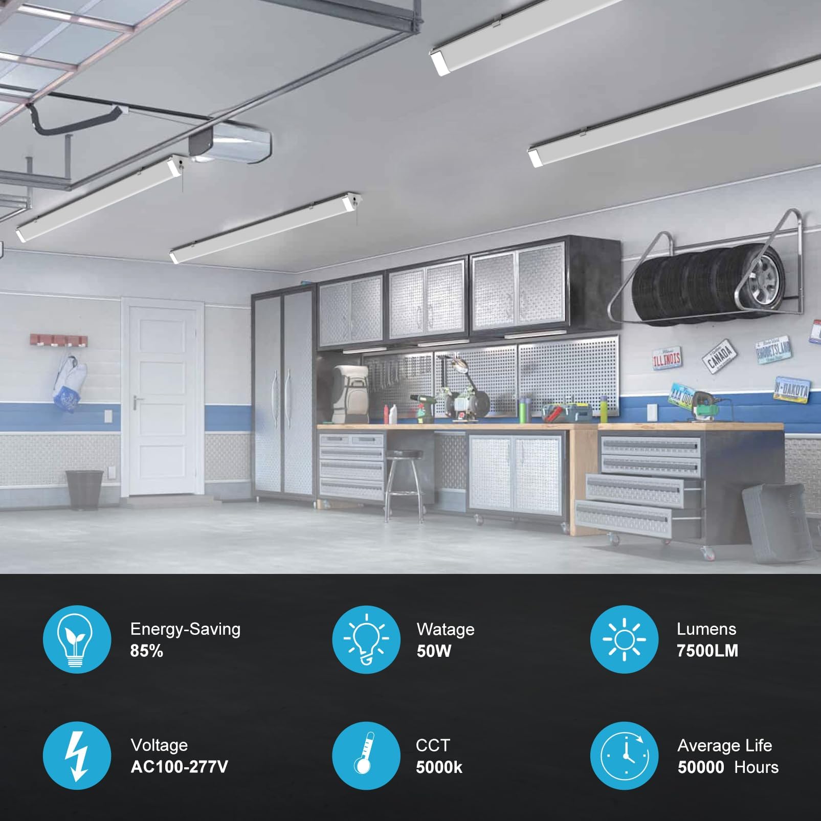 Upgraded 6 Pack 4Ft Linkable Heavy-Duty Led Shop Light With Pull Chain, 50W 7500Lm 100-277V 5000K Shop Lights Led 4Ft Plug In Fo