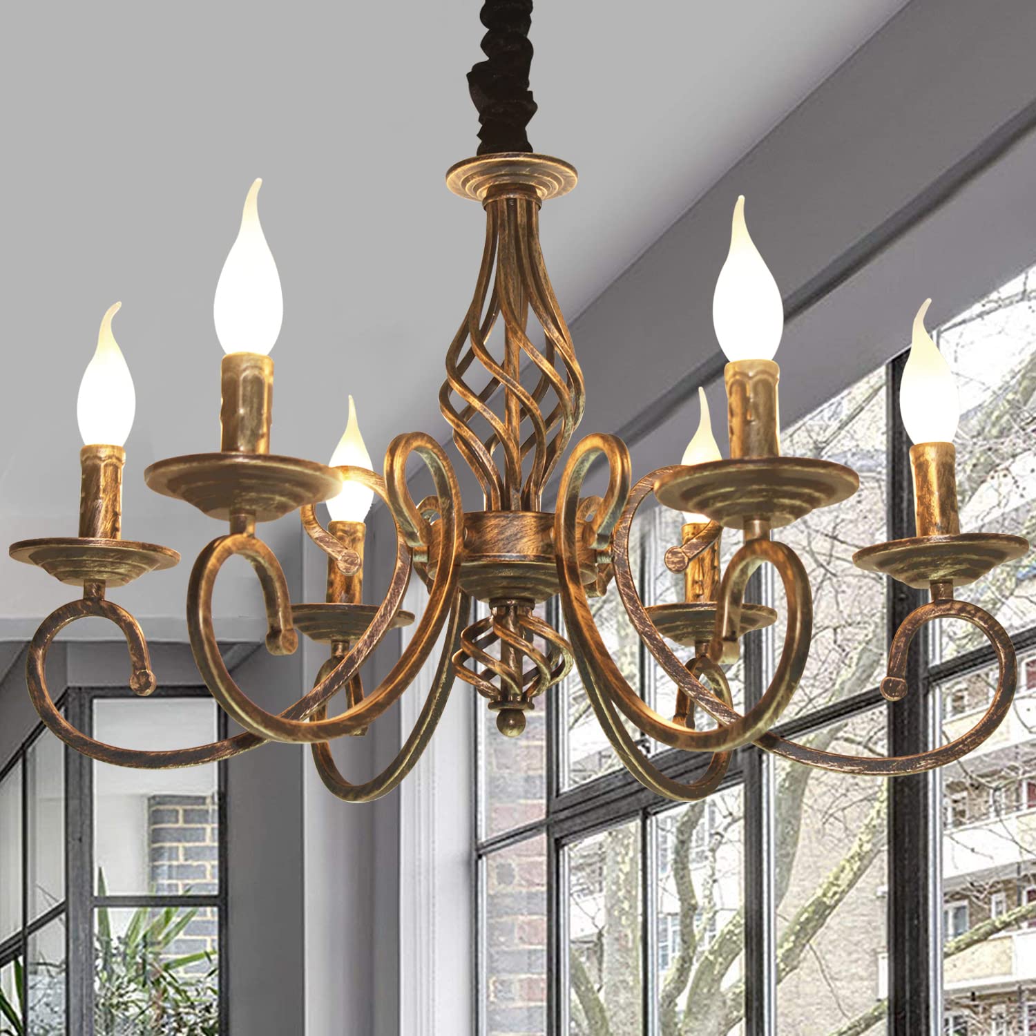 Ganeed Rustic 6-Light Chandelier, Antique Bronze Metal Pendant Light Fixture for Kitchen, Dining Room, Model TC-HD50113-6