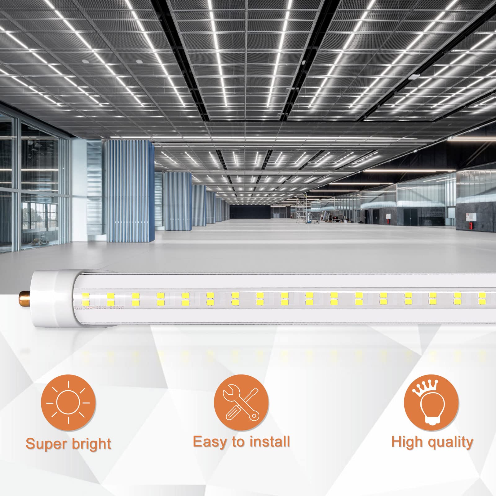 ONLYLUX 8ft LED Bulbs, 45W T8 Tube Lights, 6000lm Bright White, Clear Cover, 20 Pack, Model AR-8ft-45-65