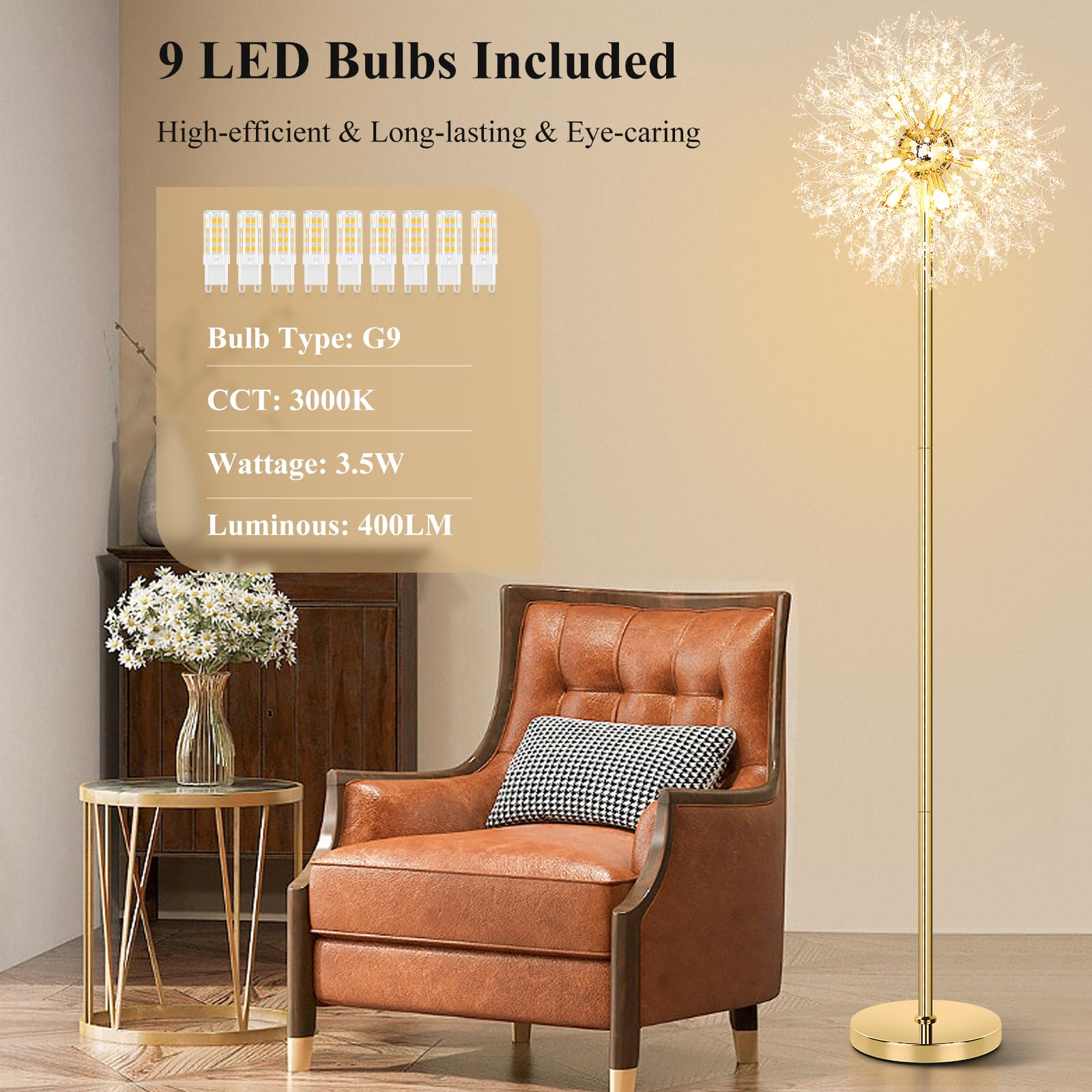 Beslowe 69'' Crystal Floor Lamp, Modern Gold Standing Light With 738 K9 Crystals & 9 Led Bulbs