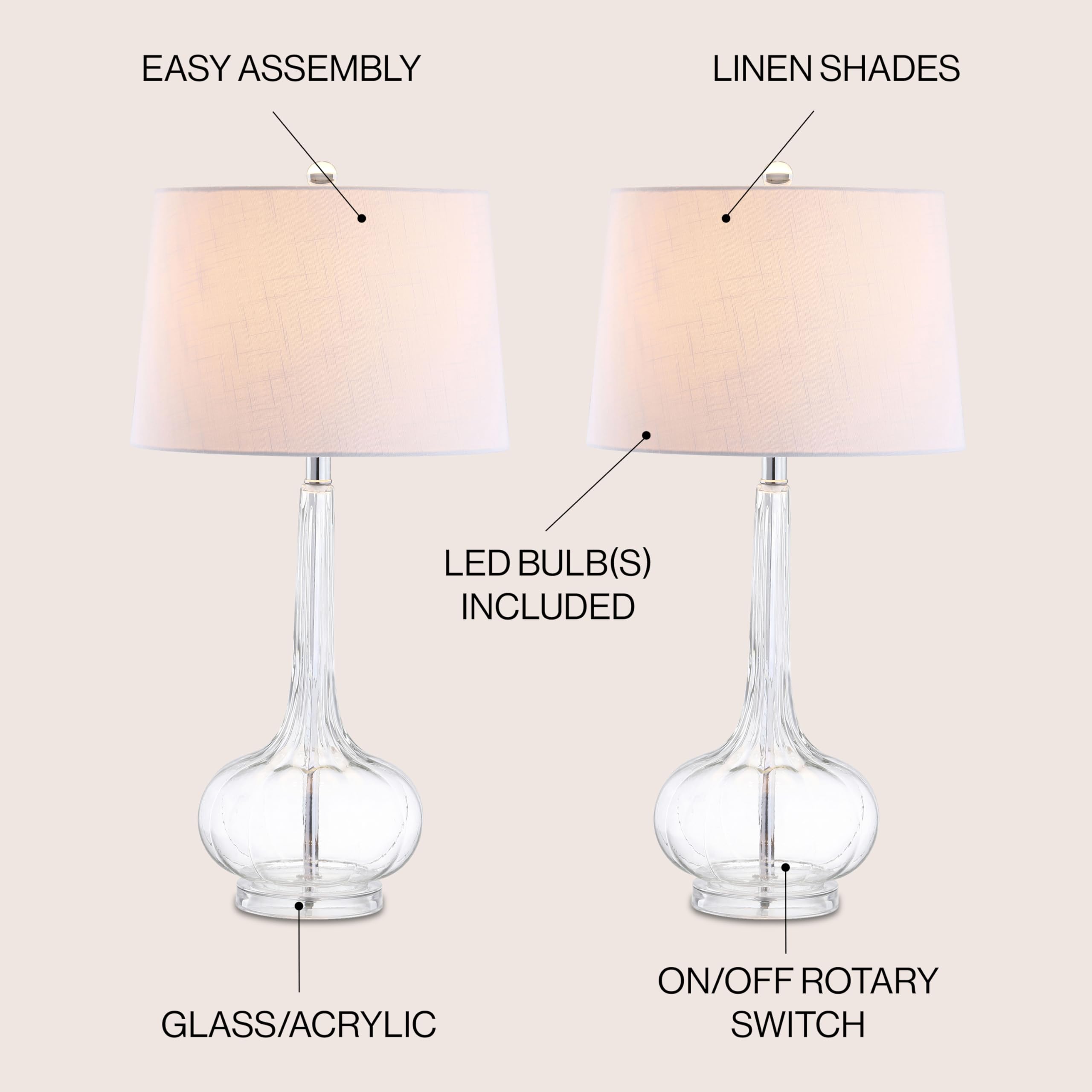 JONATHAN Y Table Lamps Set of 2 Glass Teardrop LED 28.5in Clear JYL1079C-SET2 for Bedroom Living Room Office