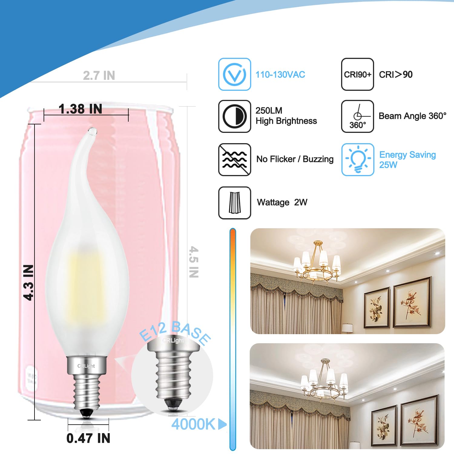 Crlight 2W Dimmable Led Candelabra Bulb 4000K Daylight White, E12, 6 Pack