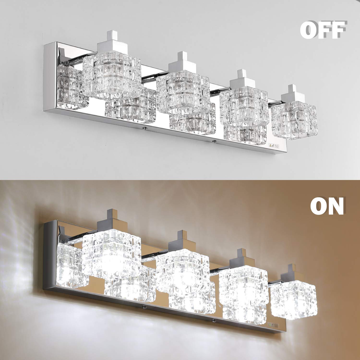 TRLIFE 26" Crystal Bathroom Vanity Light Fixture, 4 Lights, Silver Stainless Steel, Modern Over Mirror Lighting