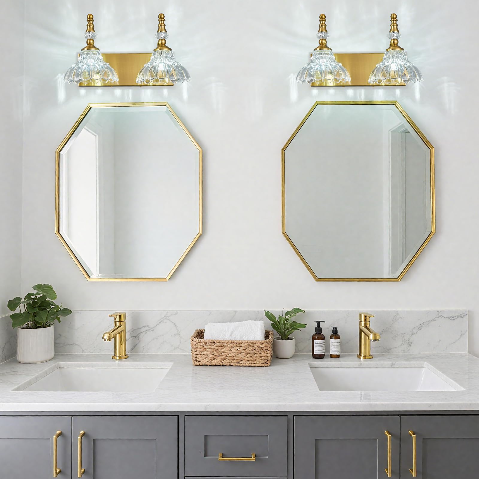 Lbsqj Vintage Bathroom Vanity Light  2-Light Gold Vanity Lighting Fixture With Flower Glass Shade  Bathroom Lighting Fixtures Over Mirror