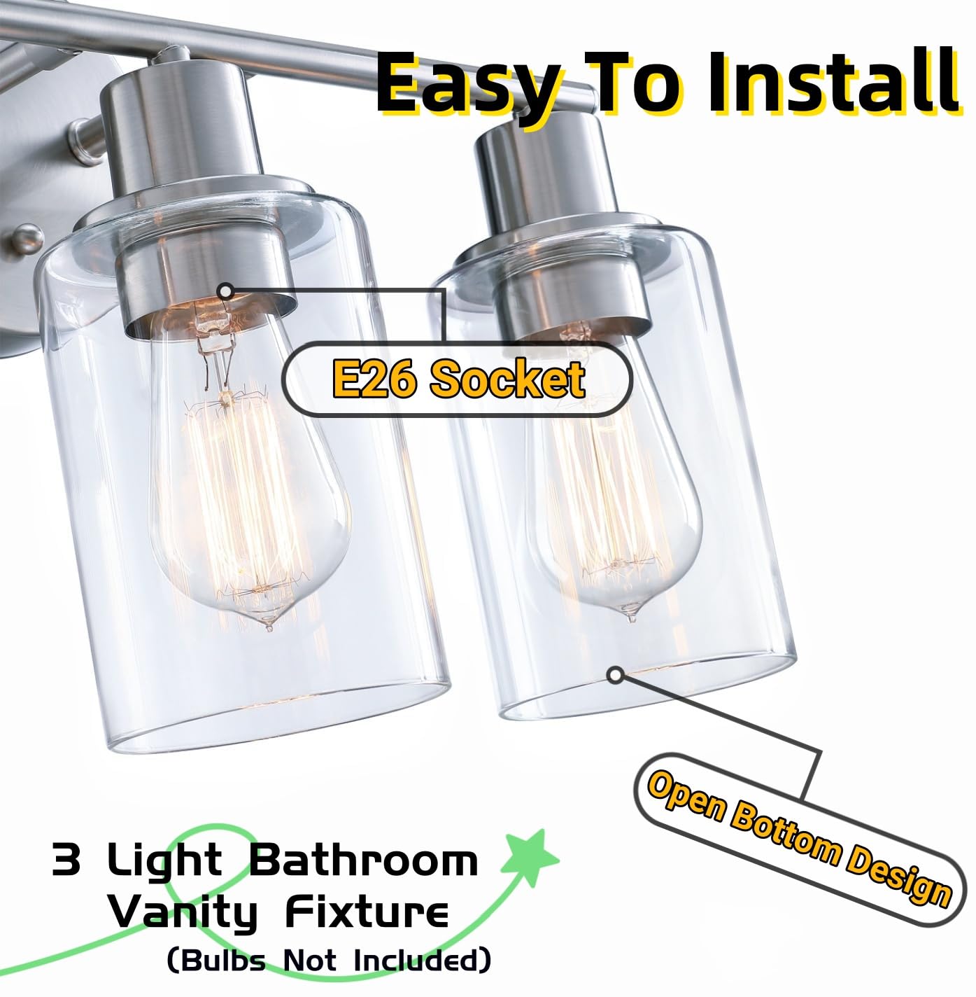 Wisbeam 3-Light Brushed Nickel Bathroom Vanity Light With Clear Glass Shade, Bulb Not Included