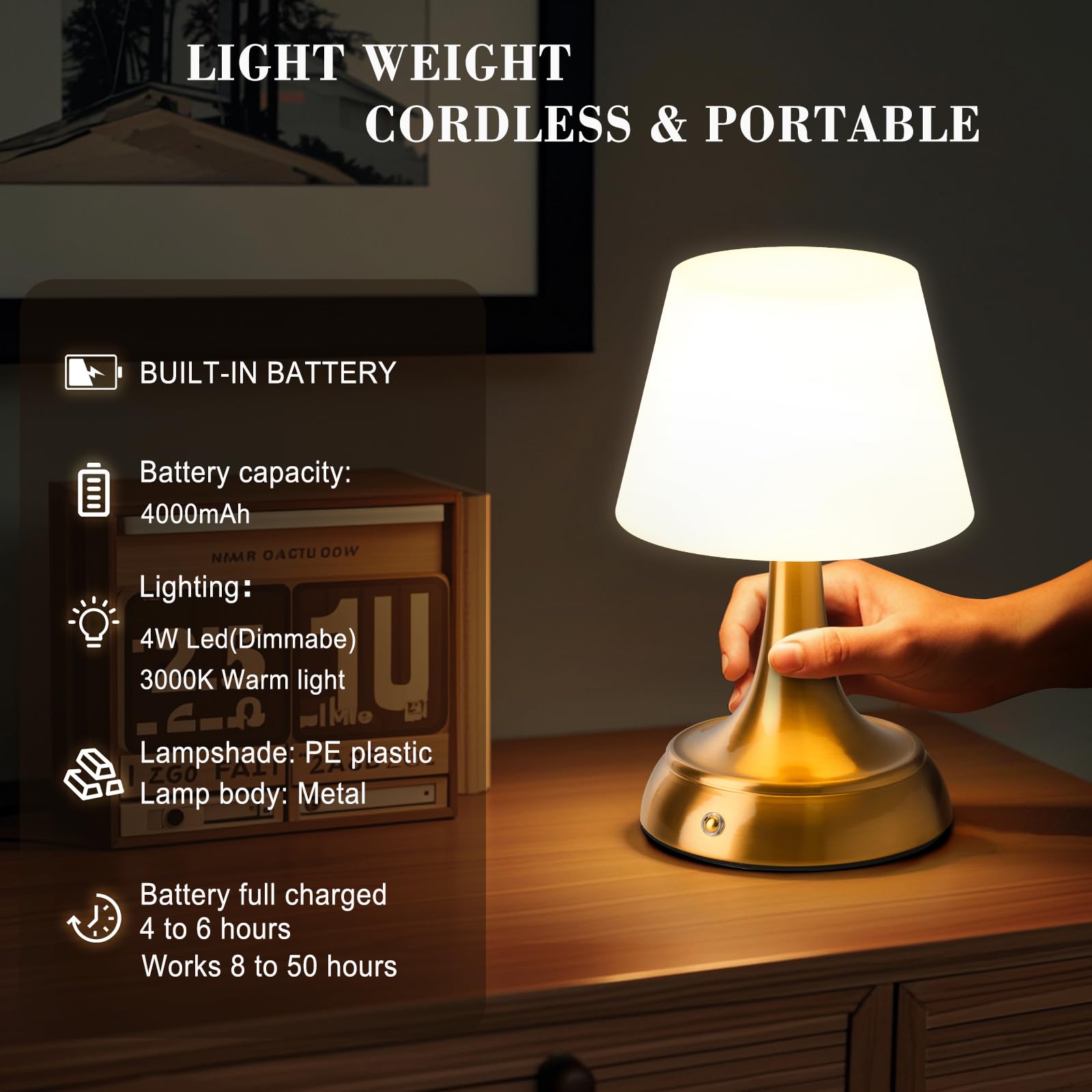 YEEZEMA Cordless Table Lamp, Rechargeable, Waterproof, Touch Dimmable, 9.5IN, Antique Brass, Model Y-TL2404-AB