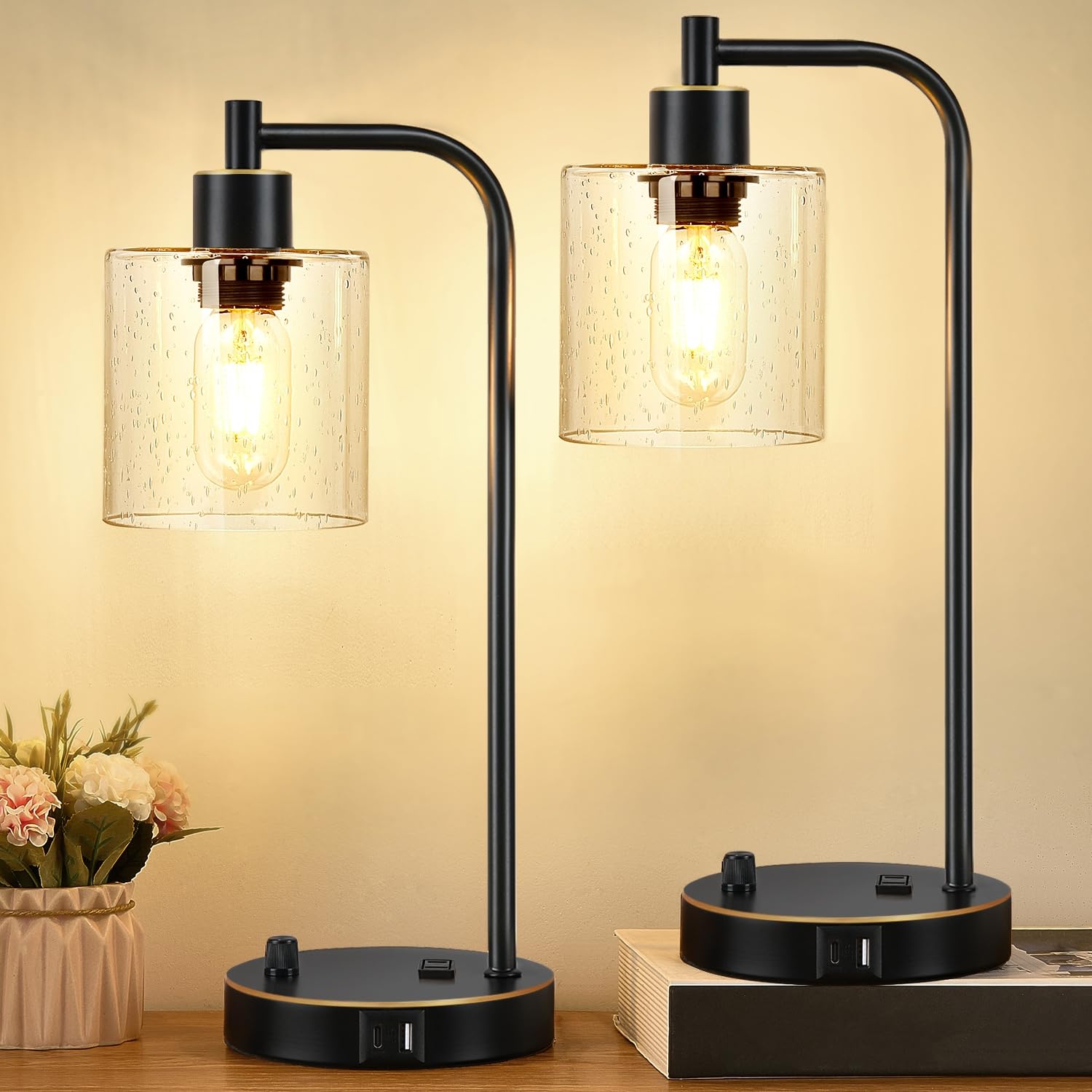 Set of 2 Black and Gold Industrial Table Lamps with 2 USB Port, Fully Stepless Dimmable Bedside Lamps for bedrooms, Nightstand D