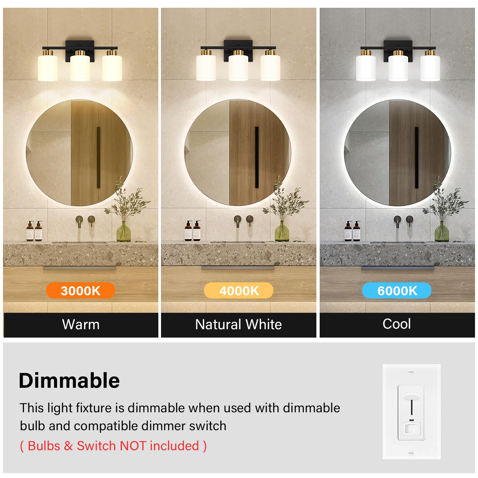 Fonmyim Black And Gold Bathroom Light Fixtures, 3-Light Modern Vanity Light Over Mirror, Wall Sconces With Milky White Frosted G