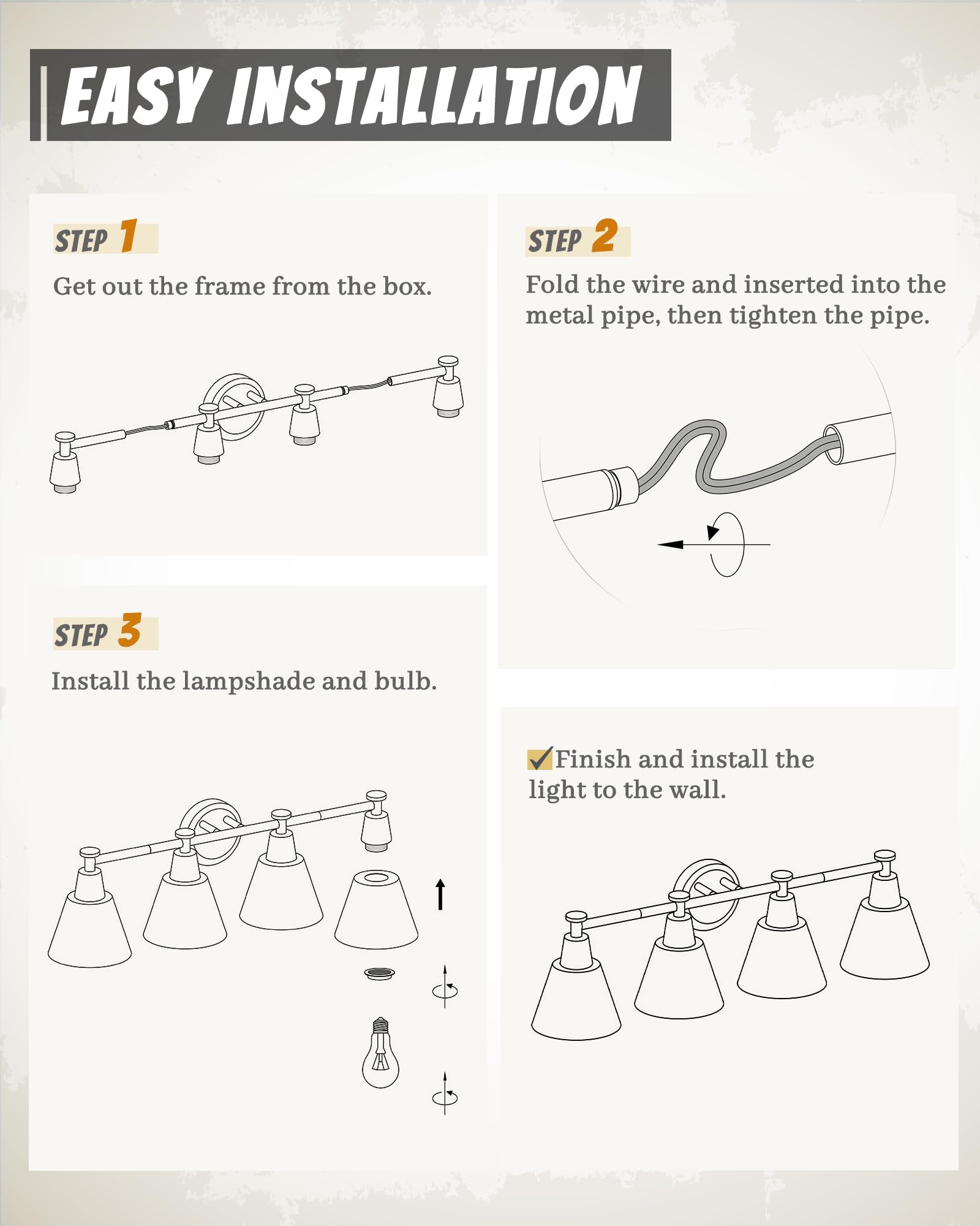 Femila 30'' Bathroom Light Fixtures, 4 Light Vanity Lighting Fixtures With Wood Grain Paint And Black Finish, Light Fixtures For