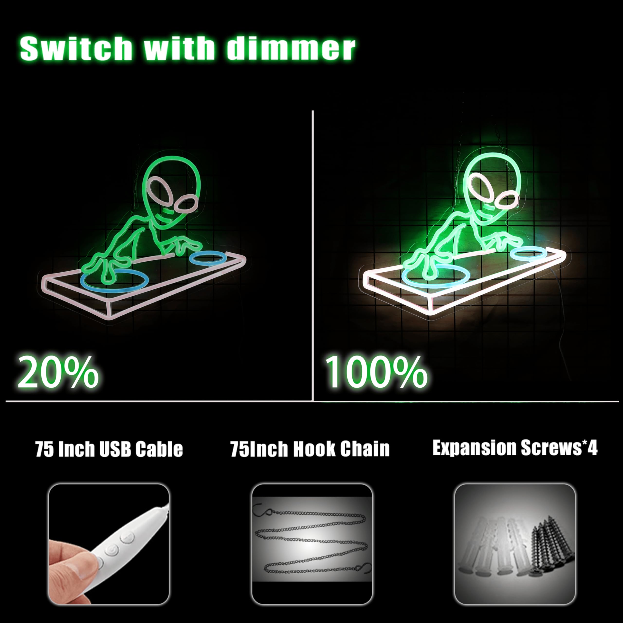 LeDigPig Alien DJ Neon Sign, Dimmable LED Light for Music Bar Decor, 15.7 x 12.6 IN, Acrylic, DJAline-Green