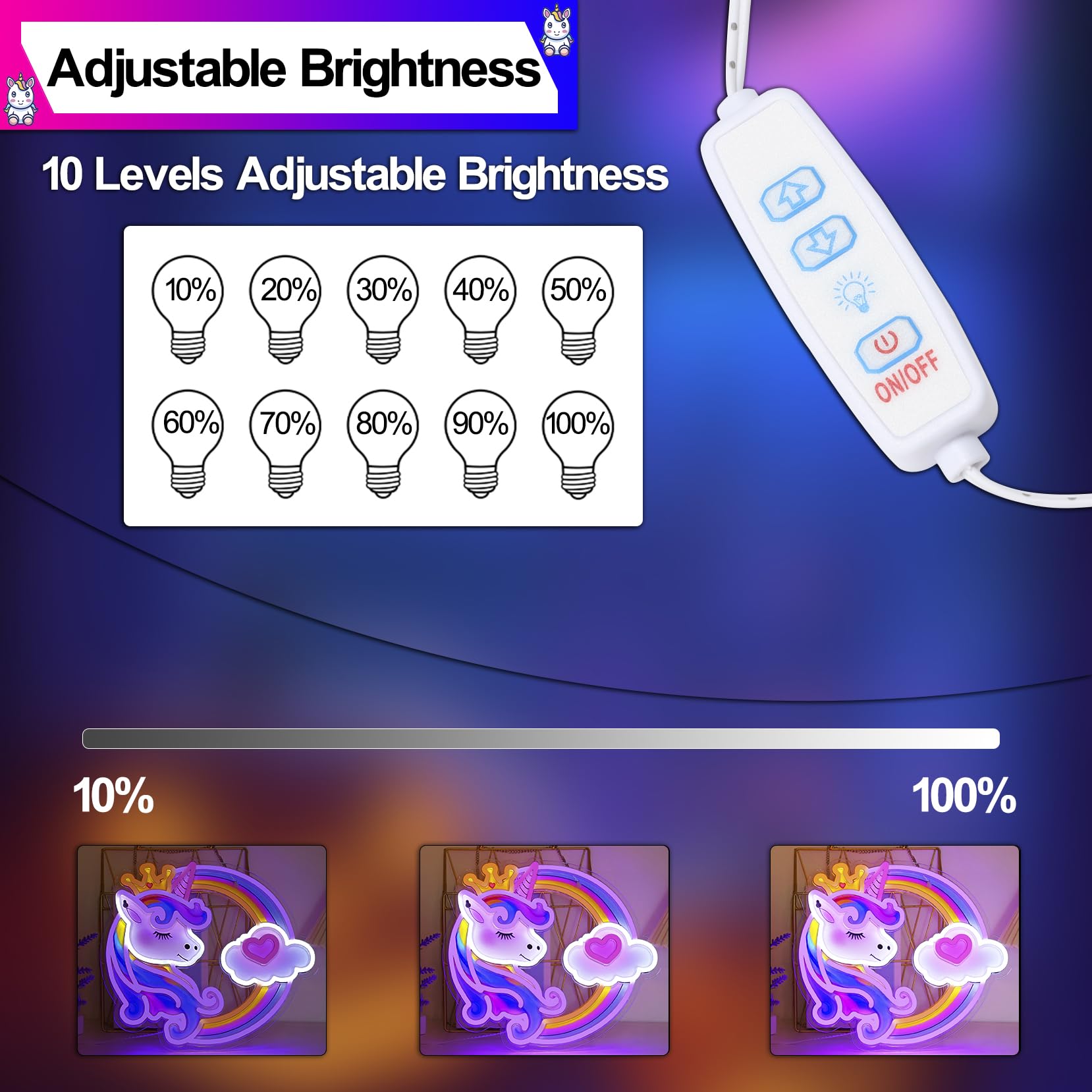 YAOZHOU Unicorn Neon Sign Light - Dimmable LED Wall Decor, Multicolor, USB Powered, Model Y001 for Kids Room, Birthday Party, Gifts
