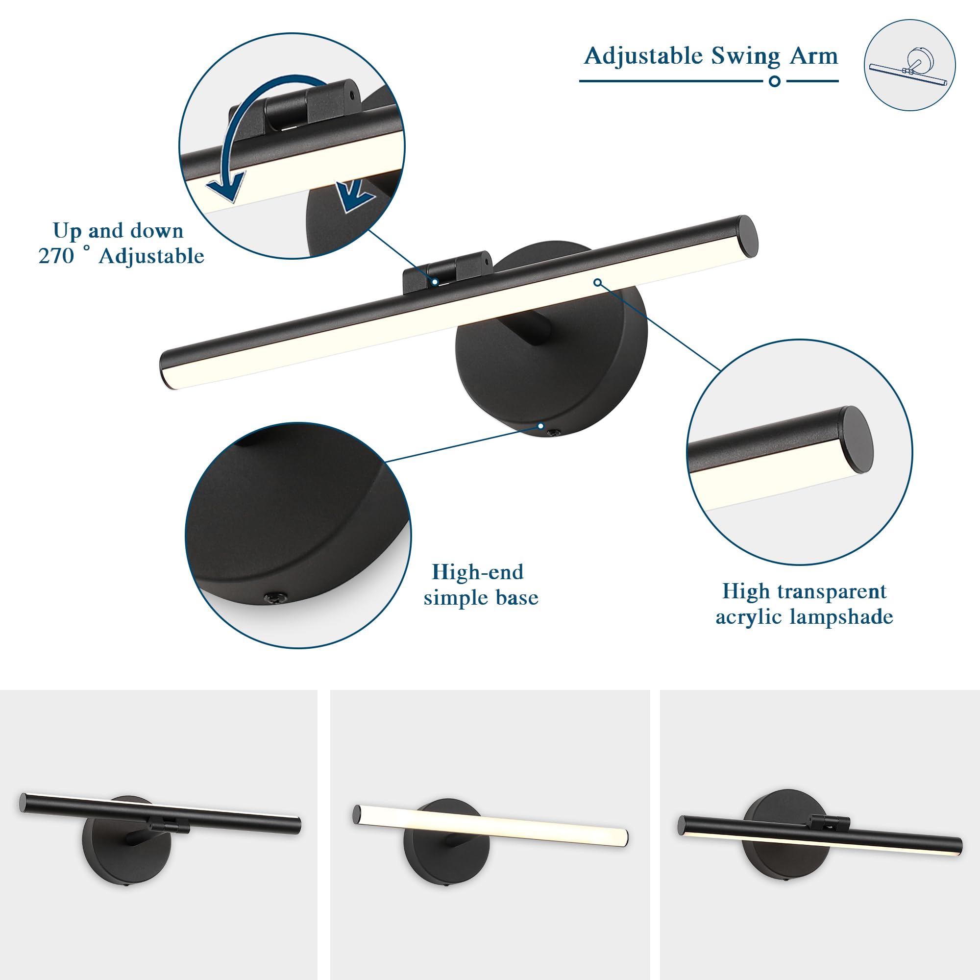 Pasoar Hardwired Adjustable Lighting Matte Black Modern Led Picture Lights For Paintings 15.7'' Inch Long Swing Arm Metal Art Lights Warm White 3000K