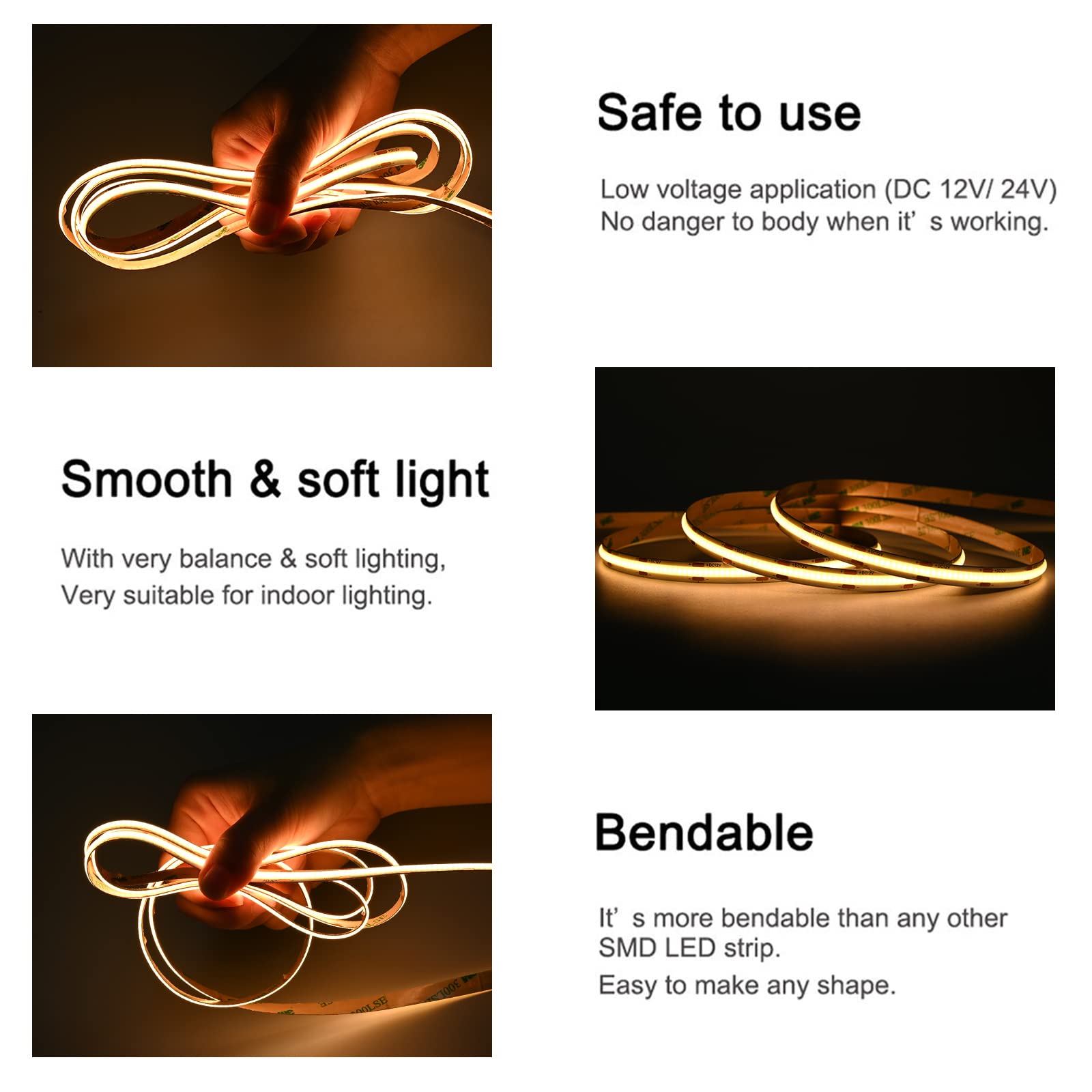 Tunichx Cob Led Strip Light Ul Listed Dc 24V Led Strip Light Flexible Super Bright Led Strips,16.4Ft 3000K Warm White,Cri 90+,24