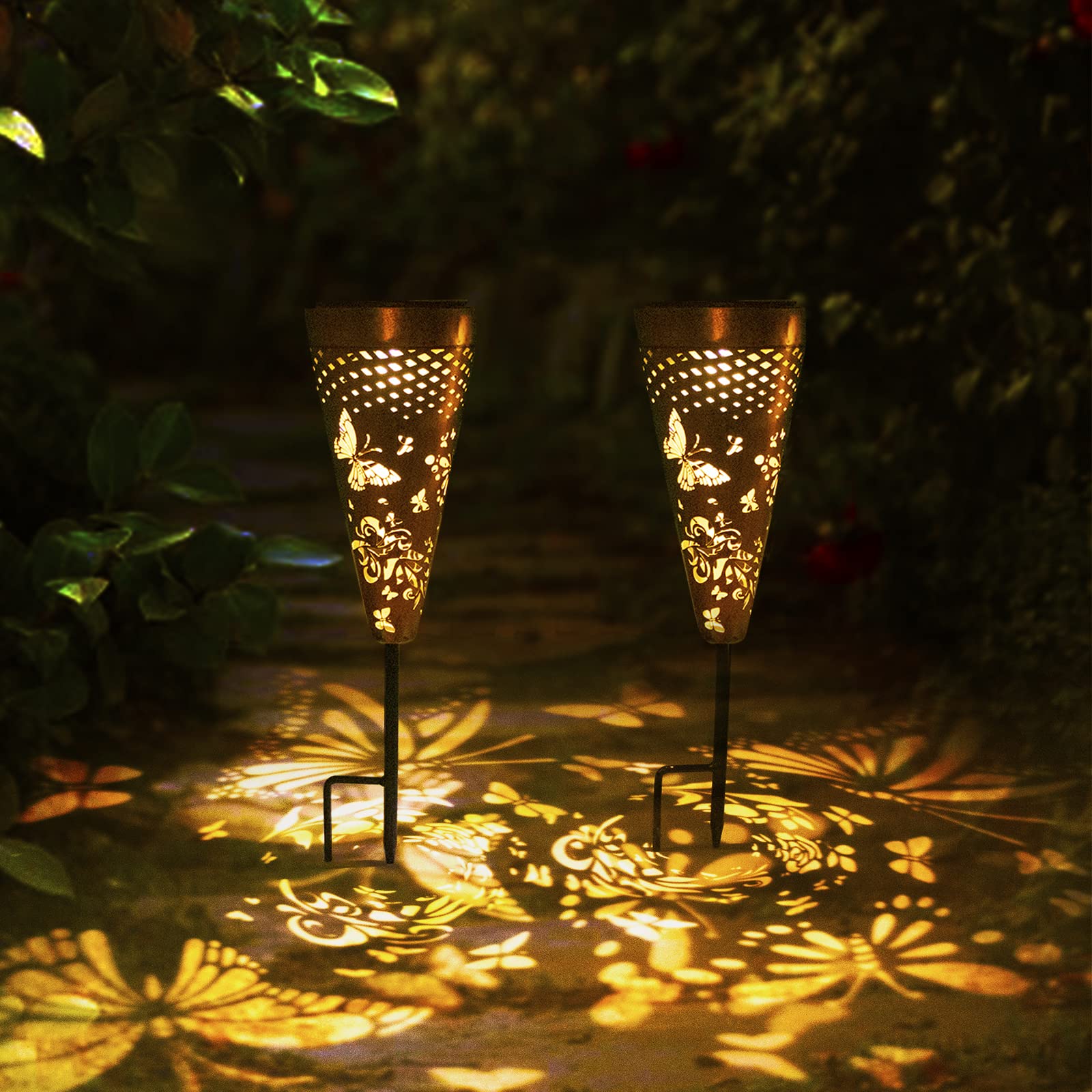 DIBIEECN 4 Pack Butterfly Solar Garden Pathway Lights Outdoor,Metal Garden Decorations Outdoor Lights with Patterns and Warm Lig