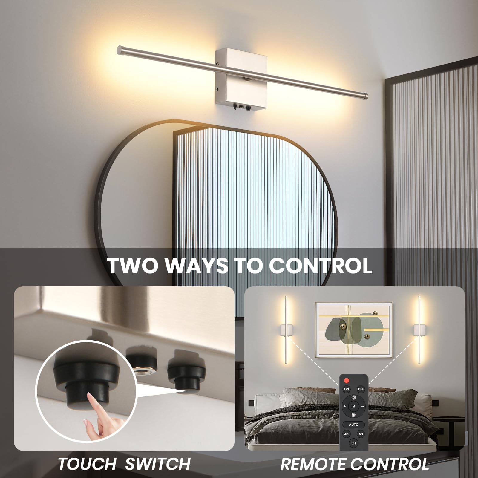 Set Of 2 Battery Operated Wall Sconces, 11000Mah Wireless Rechargeable Brushed Nickel Wall Lights With Remote Control, 350Rotate