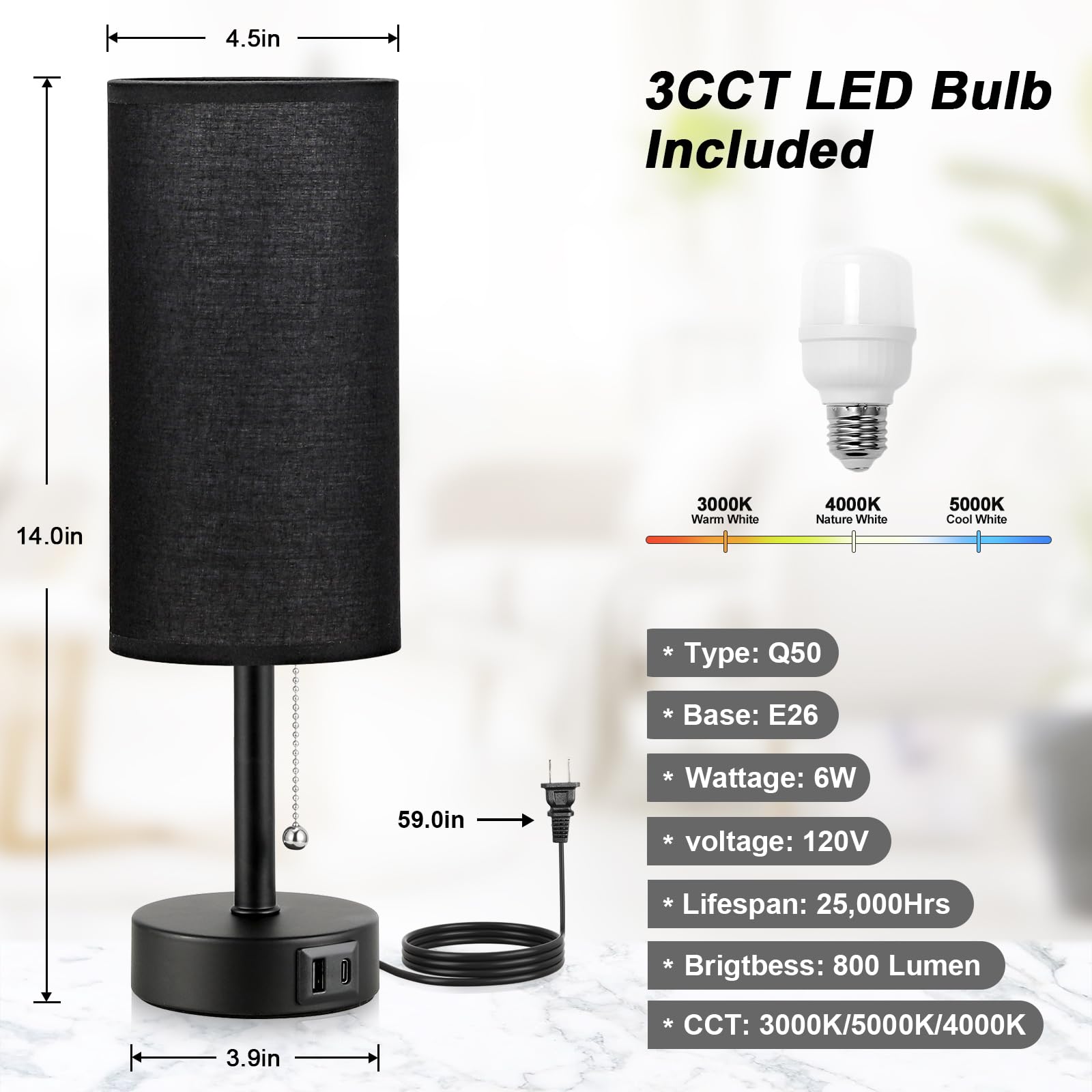 Black Bedside Lamp For Bedroom Nightstand - Small Table Lamp With Usb A + C Charging Port, 3 Color Temperatures Pull Chain Night