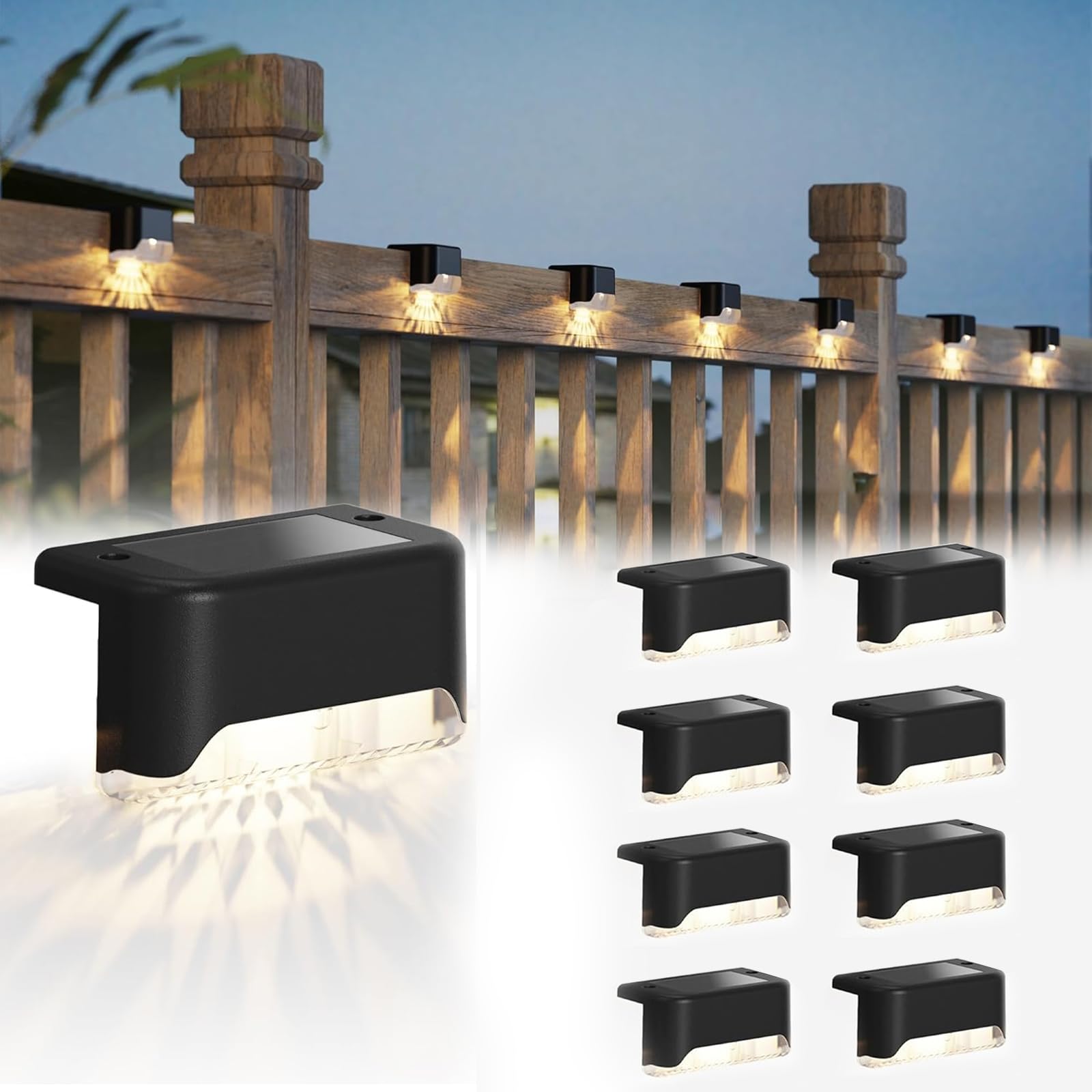 JACKYLED Solar Deck Lights, 8 Pack, Waterproof LED Outdoor Step Light, Black, Model JKSL04-S01P104AUS