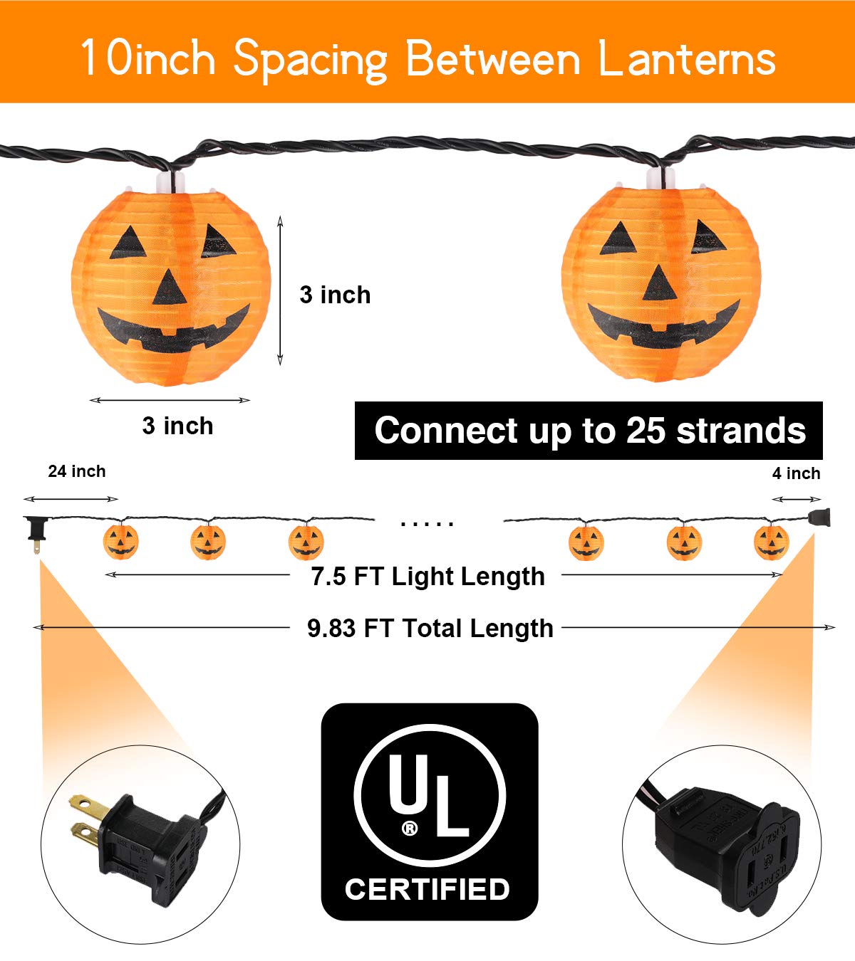 TIGOMOOV Halloween Lantern String Lights, 10 Orange Lights, 9.83FT, Indoor/Outdoor, Nylon