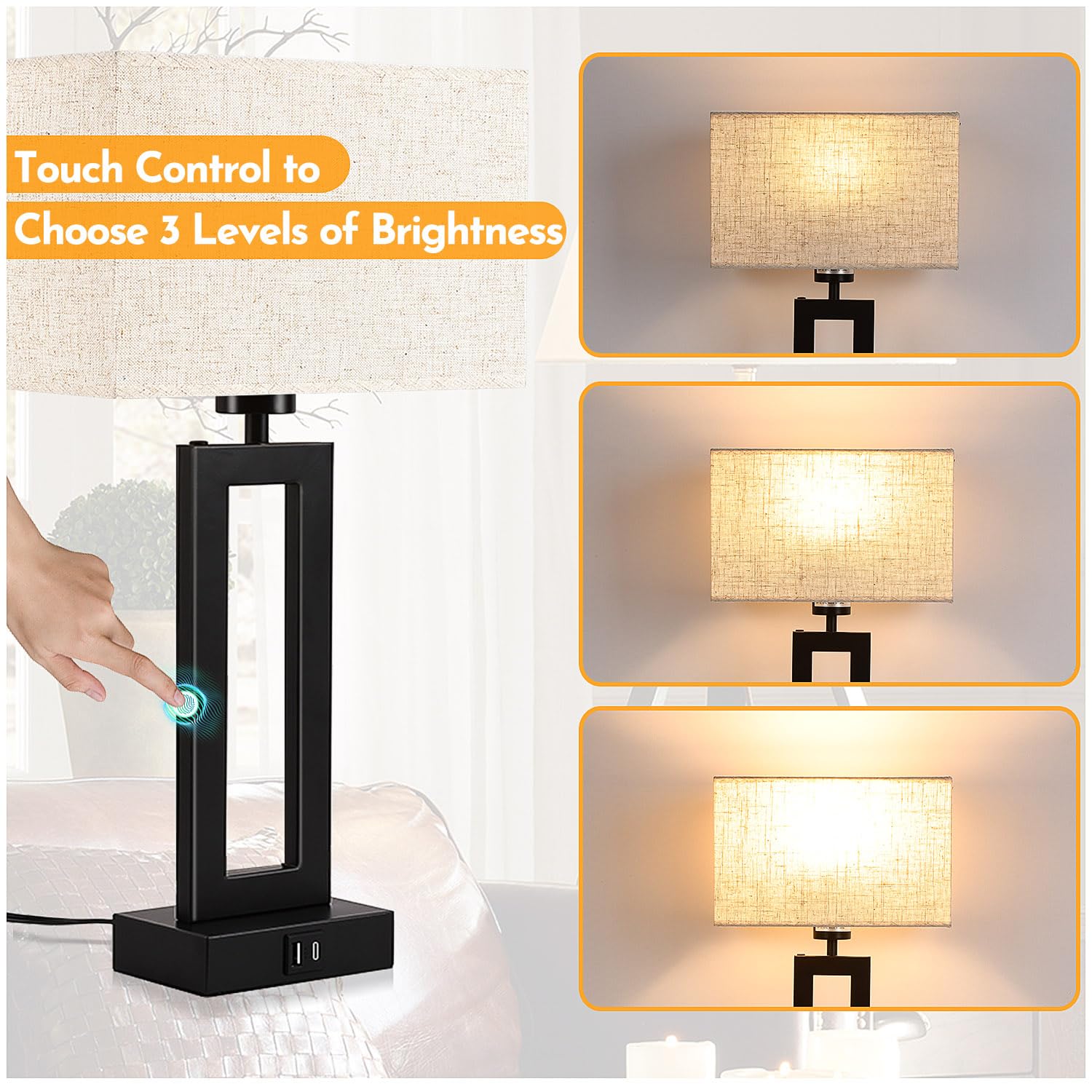 MoMyofdy 3-Way Dimmable Touch Lamps - Set of 2 Nightstand Lamps, Cream-Warm White, 20IN, Model QL5166W-M