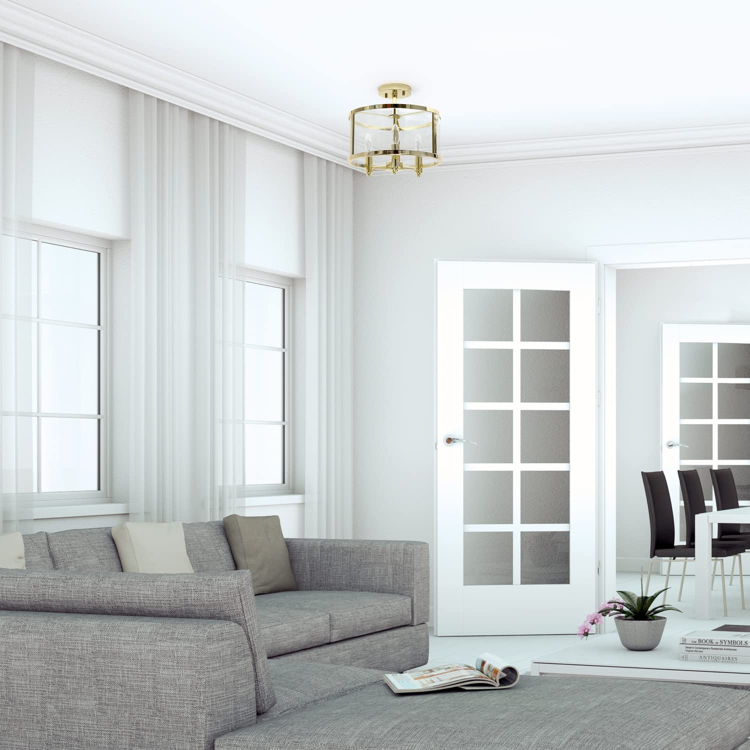 Elegant Designs FM1005-GLD 3-Light Semi-Flushmount Ceiling Light, 13in Gold Glass Shade, Traditional Farmhouse Industrial Style