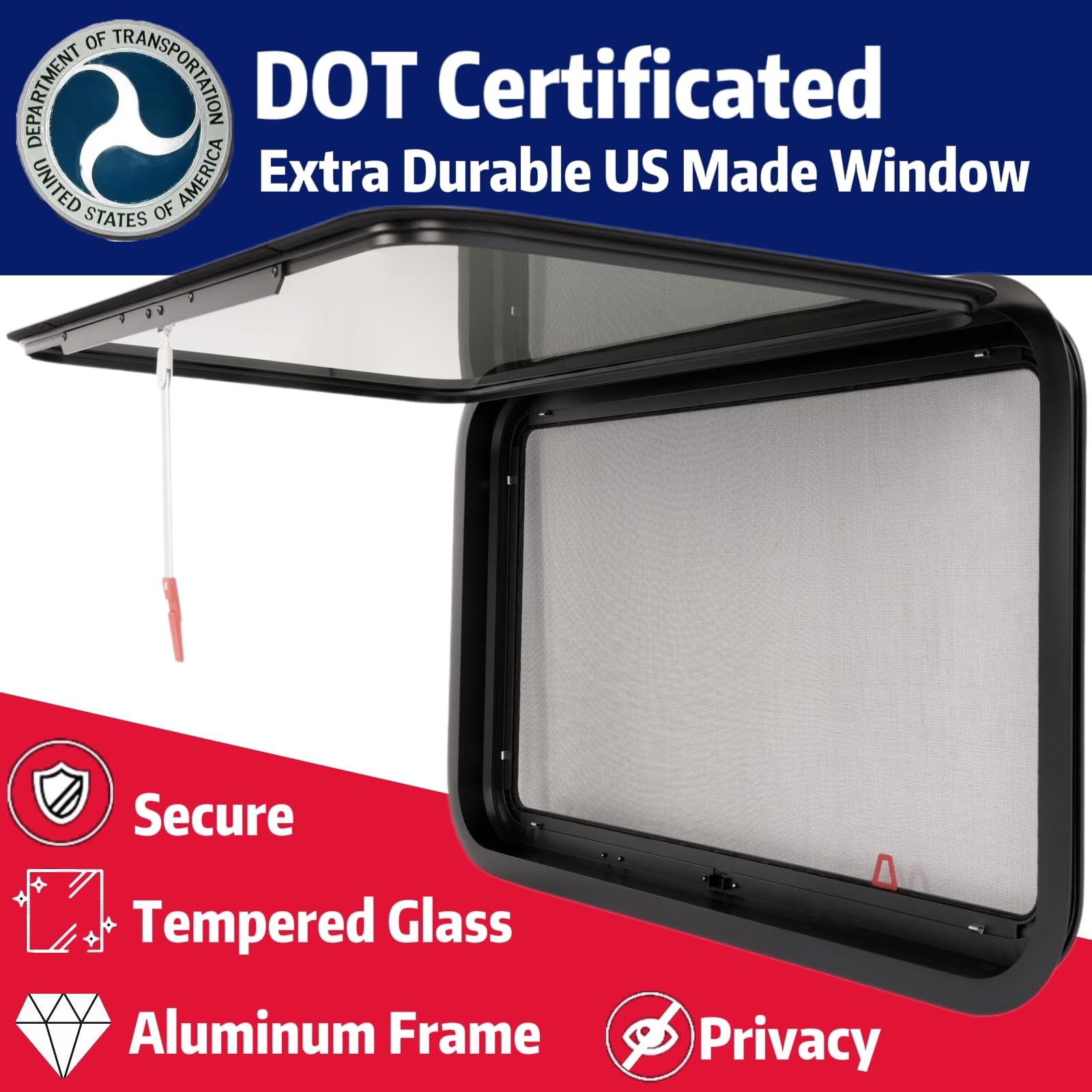 RV MURTS Aluminum RV Exit Window 15in x 22in, Polycarbonate, Black, Model RWEXIT1522, with Trim Kit and Screen for Trailers