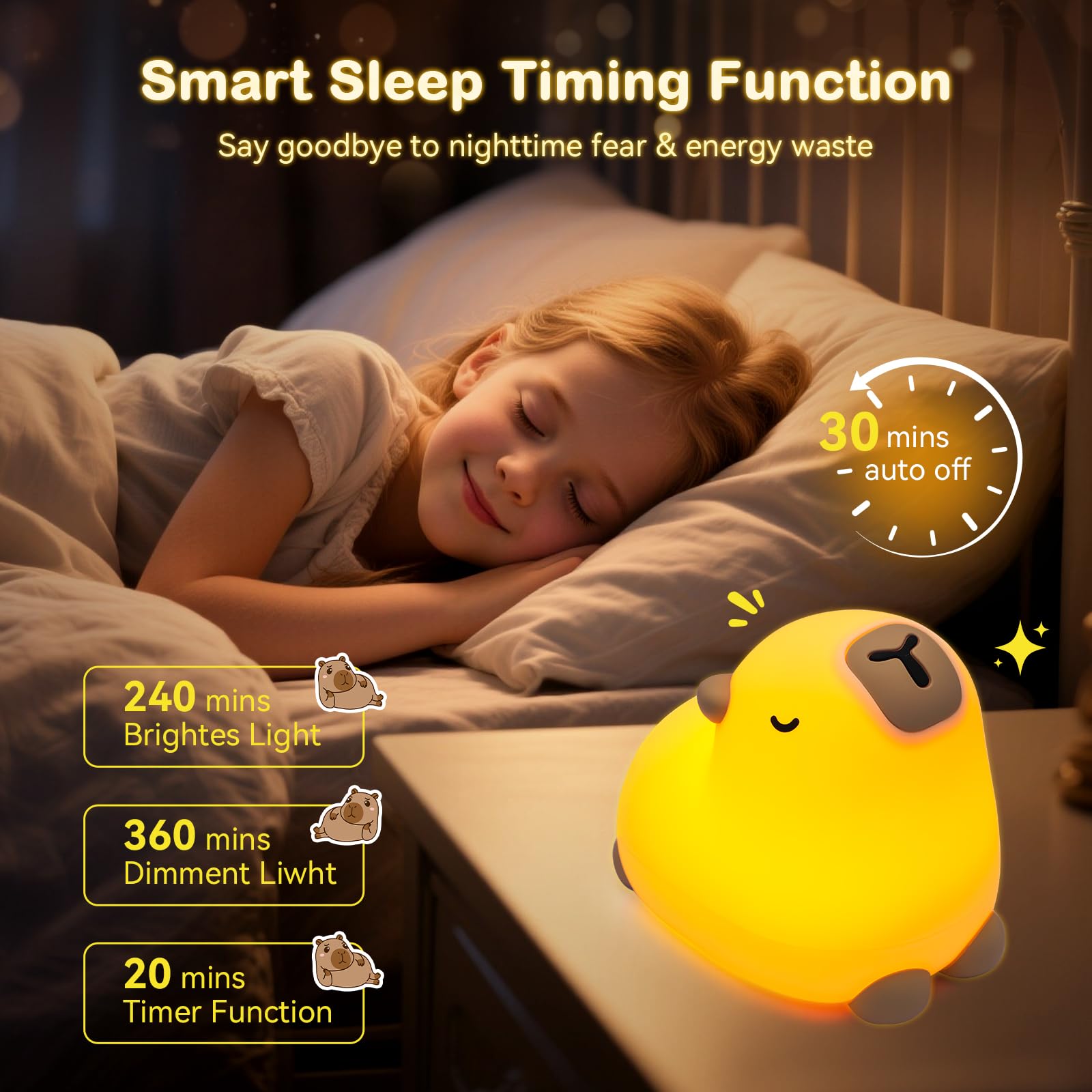 TCMOT Cute Capybara Night Light for Kids, 3-Level Dimmable Nursery Nightlight, Silicone Squishy Light Up Gifts, Rechargeable Bed