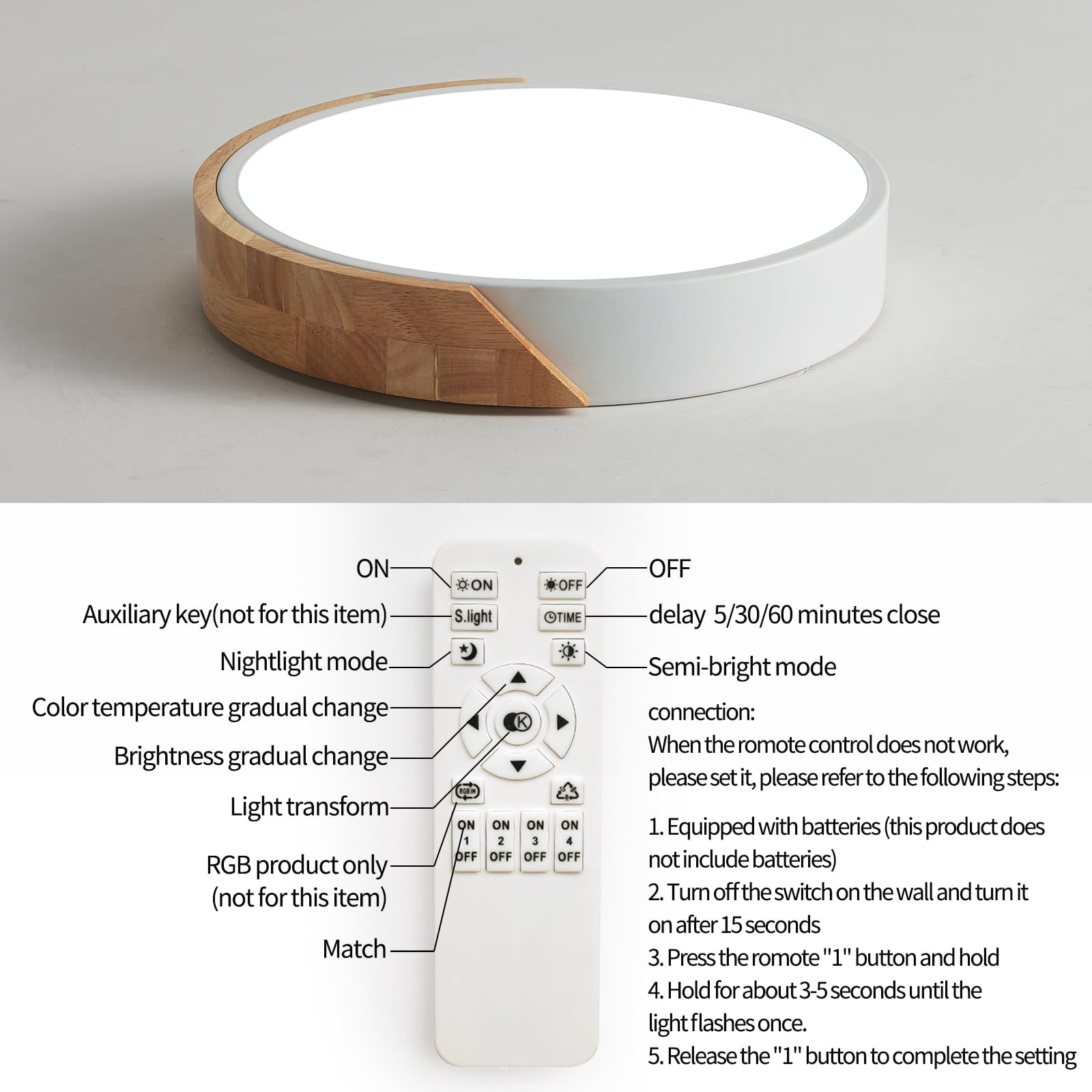 Lufun Flush Mount Ceiling Light, Ceiling Light Fixture Minimalist Wood 30W, Dimmable 3000K/4000K/6500K With Remote, 15.7 Inch Mo