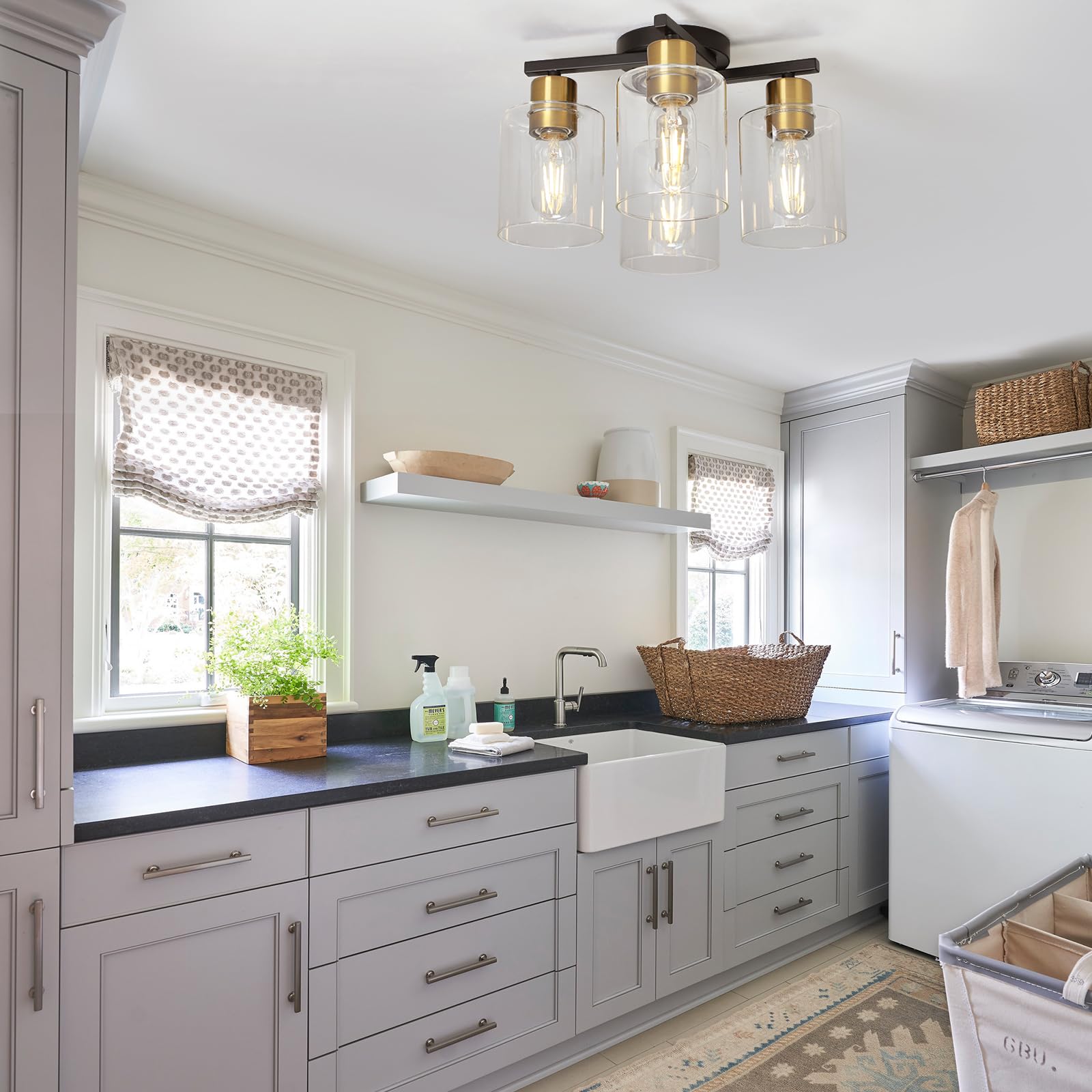 Diduio 4-Light Semi Flush Mount Ceiling Light, Black And Gold Kitchen Lighting Fixtures Ceiling, Farmhouse Ceiling Light With Cl