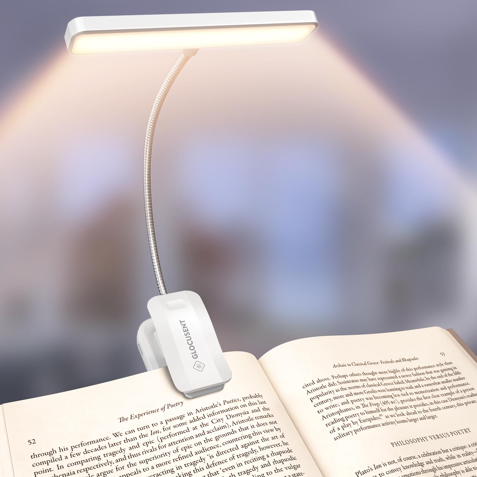 Glocusent Book Light - 26 LED, 90 Hrs Rechargeable, 5 Amber Colors, Compact, White, Model A39
