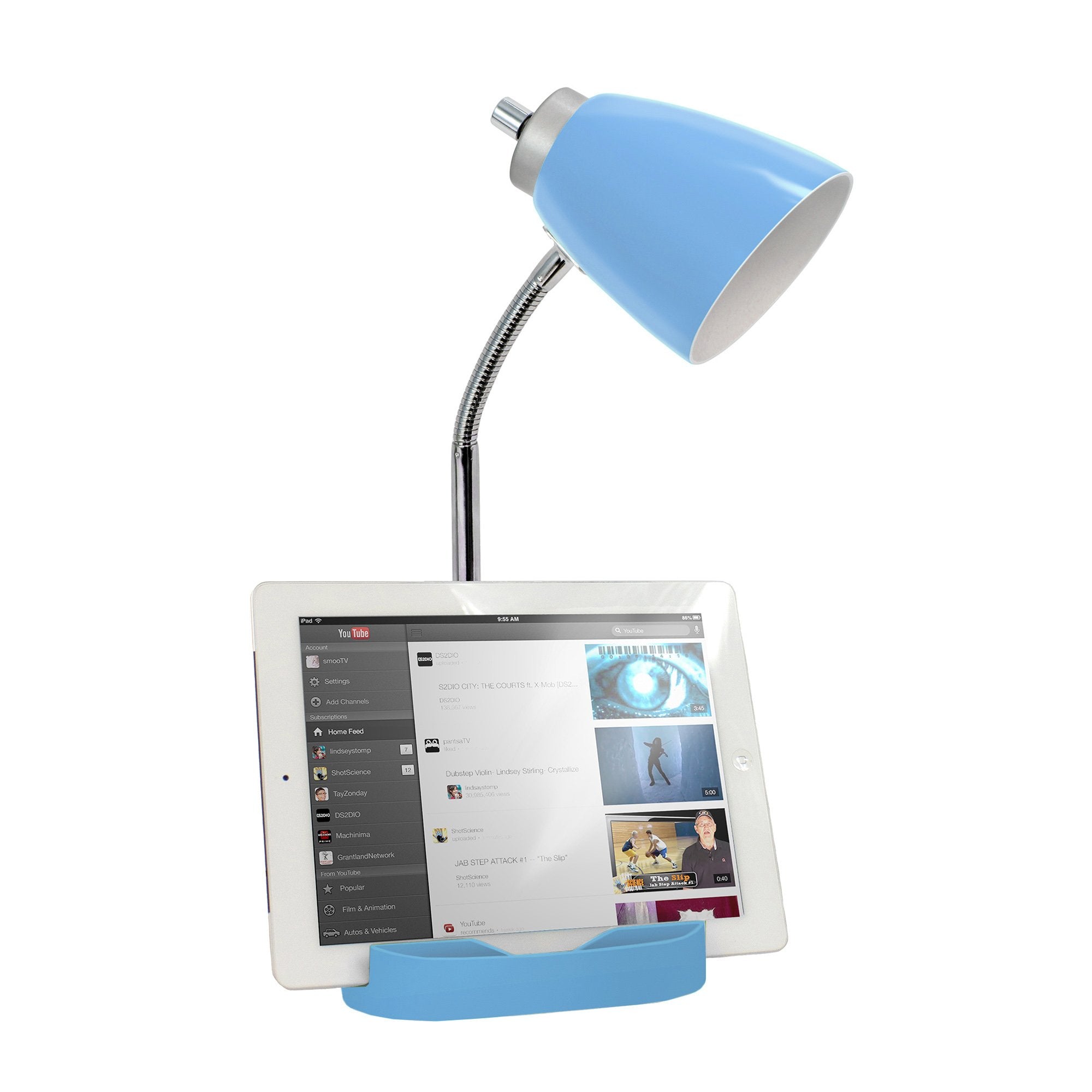 Simple Designs Ld1056-Blu Gooseneck Organizer Desk Lamp With Ipad/Tablet Stand Or Book Holder And Usb Port, Blue