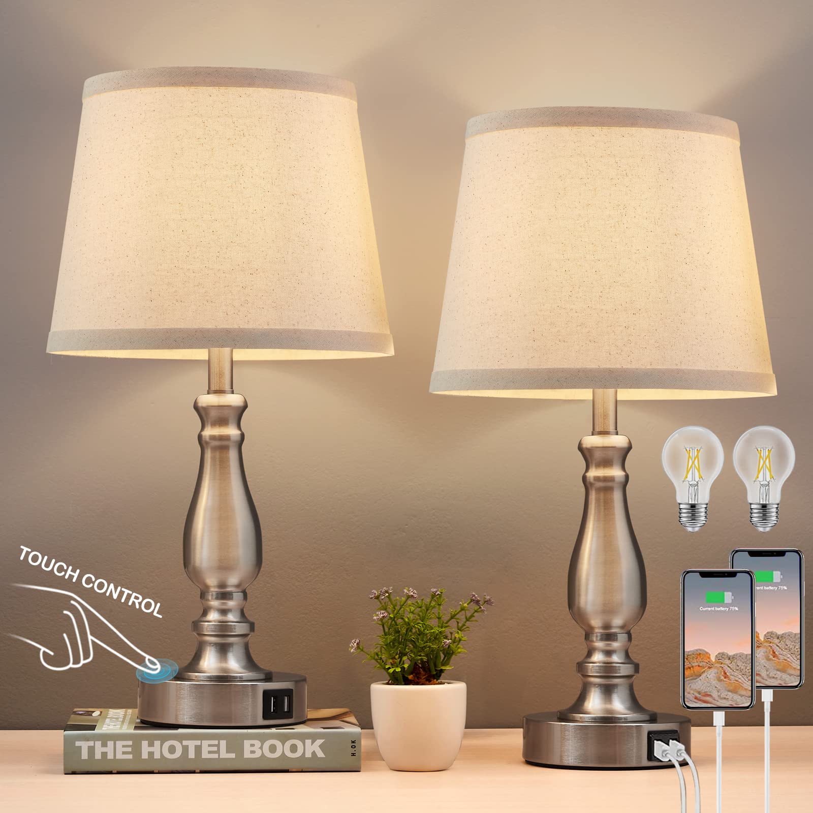 EJIAXIN Set of 2 Bedside Lamps, Brushed Nickel, USB C+A Ports, 3 Way Dimmable, Fabric Lampshade, Model 98008