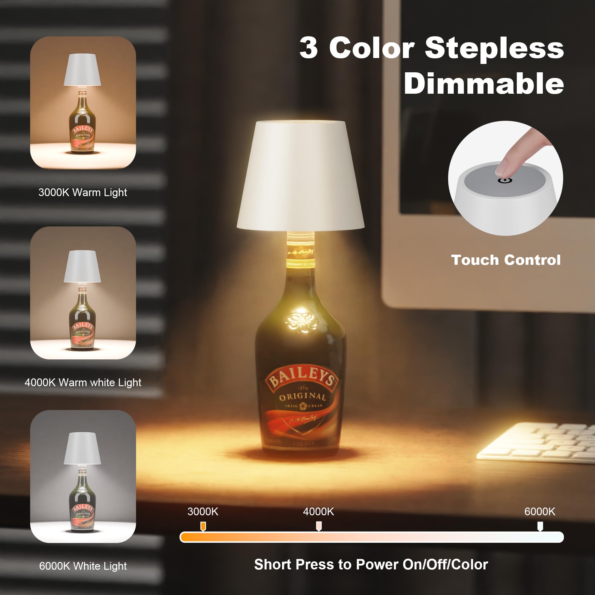 ULAROOM Wireless LED Bottle Lamp - Rechargeable USB-C, Dimmable Touch, White, Small for Home Decor, Bedroom, Living Room & Bar