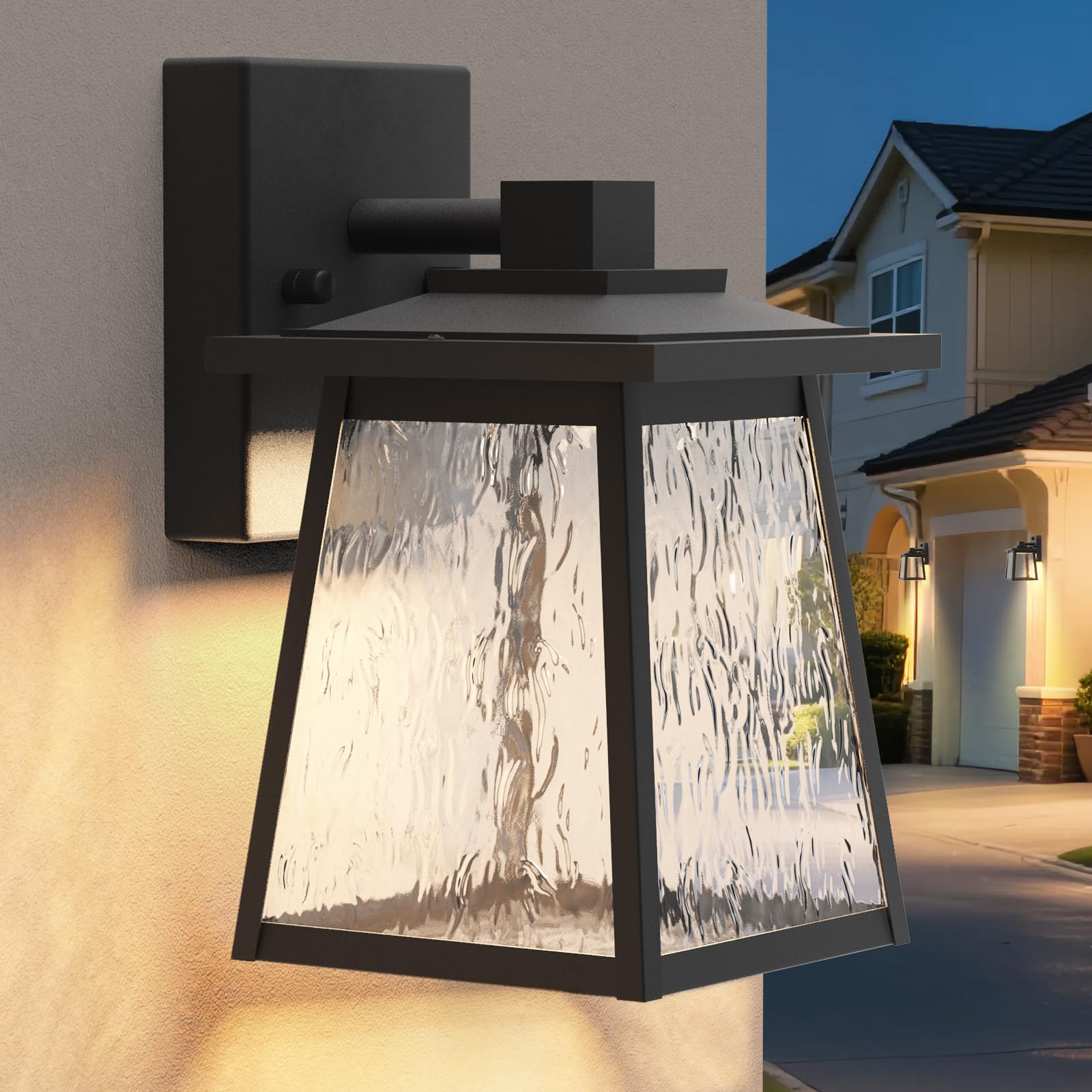 LTBLIGHT Outdoor Wall Lighting, 3CCT 10W LED Exterior Waterproof Lantern Light Fixtures, Modern Black Sconce with Water Ripple G