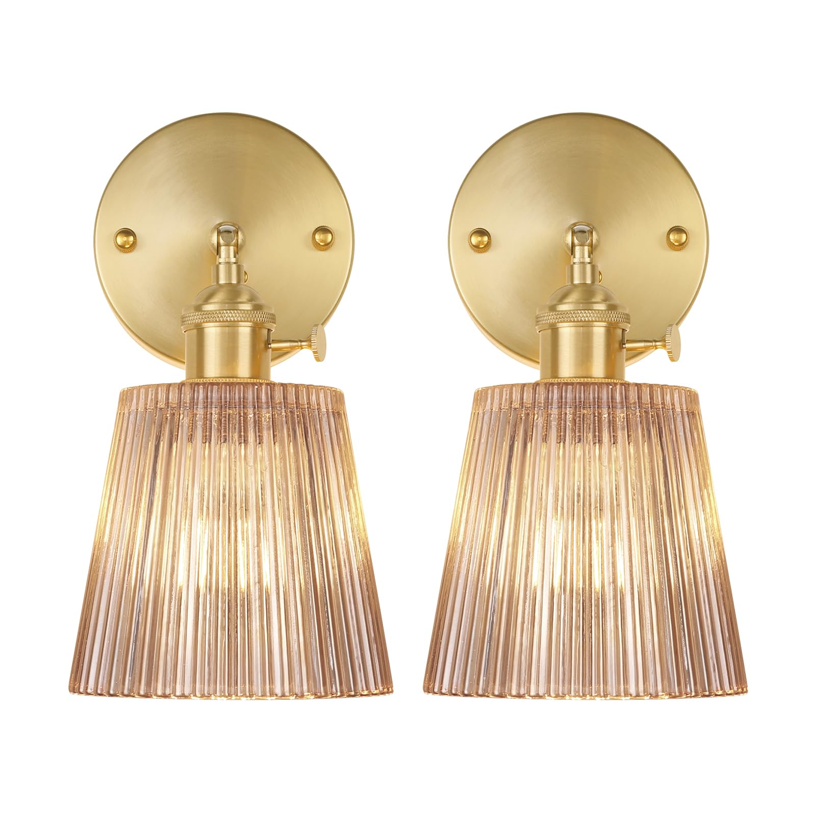 Shenmoyl Wall Sconces Set of 2, Amber Stripe Glass Lampshade, 180° Adjustable, Hardwired, Model 1-9415