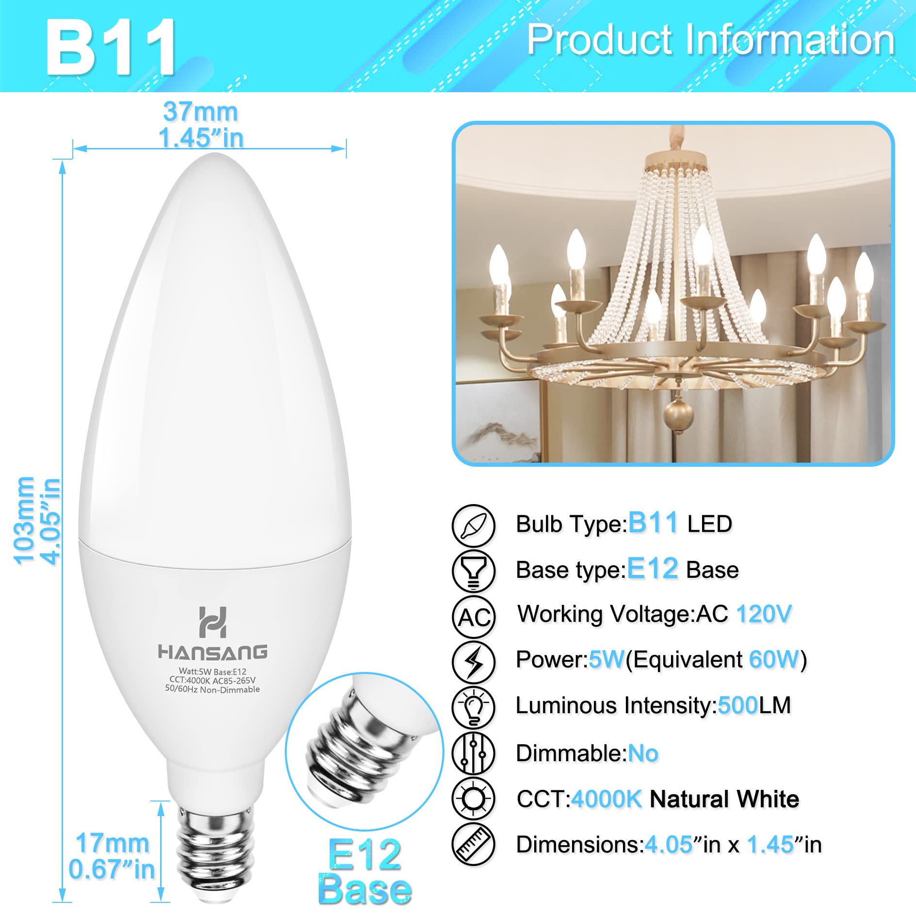 hansang LED E12 Chandelier Light Bulbs, 5W (60W Equivalent), Natural White 4000K, 500LM, 8 Pack, Non-Dimmable