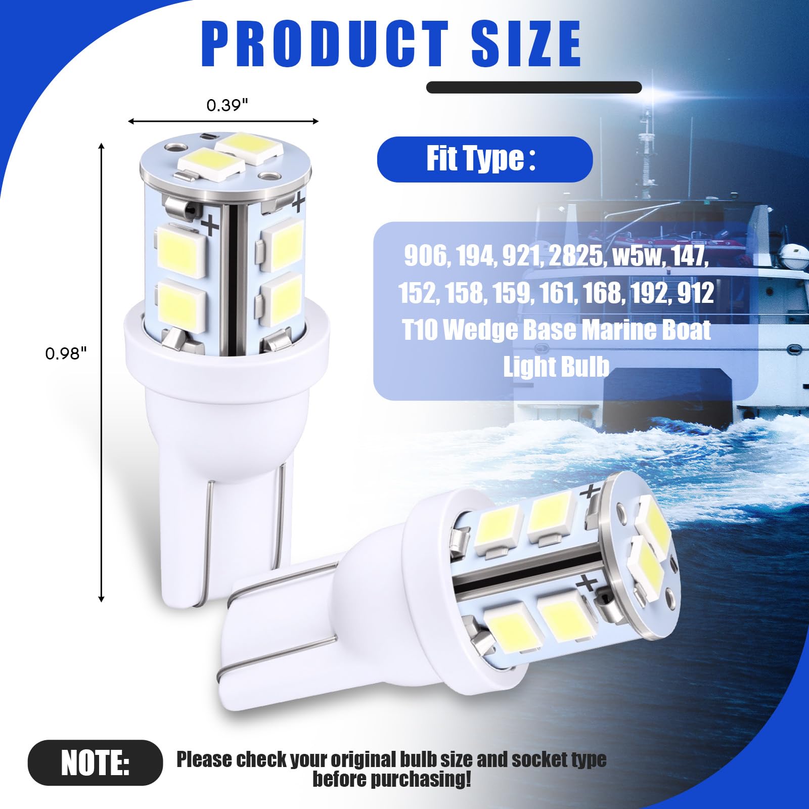 Aurelema 4 Pcs 906 LED Bulbs T10 Wedge Base Cool White 6000K Marine Boat Anchor Navigation Lights for Kayak Sailboat Pontoon