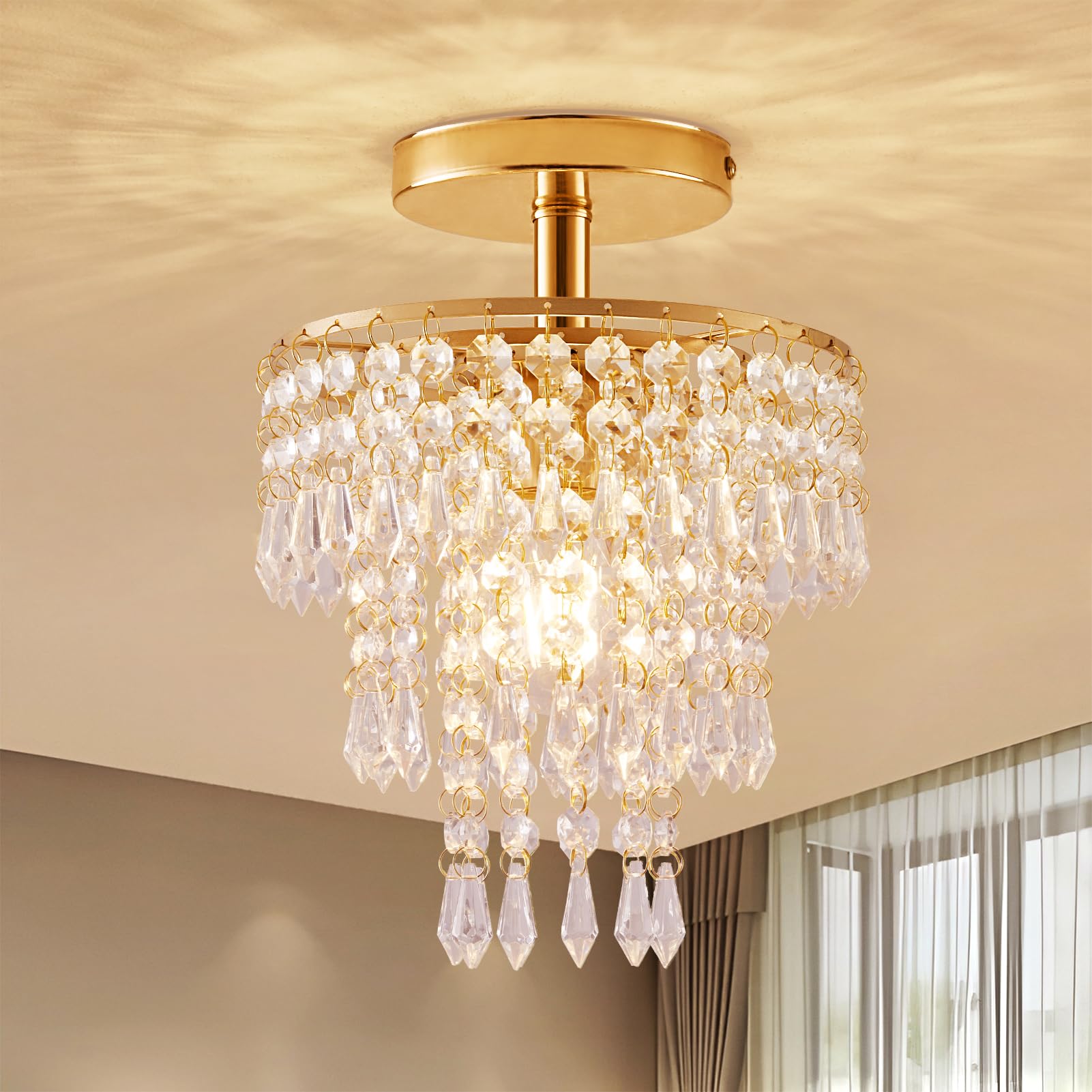 Modern Mini Crystal Chandelier, 3-Tier Raindrops Design Small Chandelier Light Fixture, Flush Mount Ceiling Light Fixture For Bedroom, Hallway, Living Room - E26 Base, Chandelier For Bedroom (Gold)