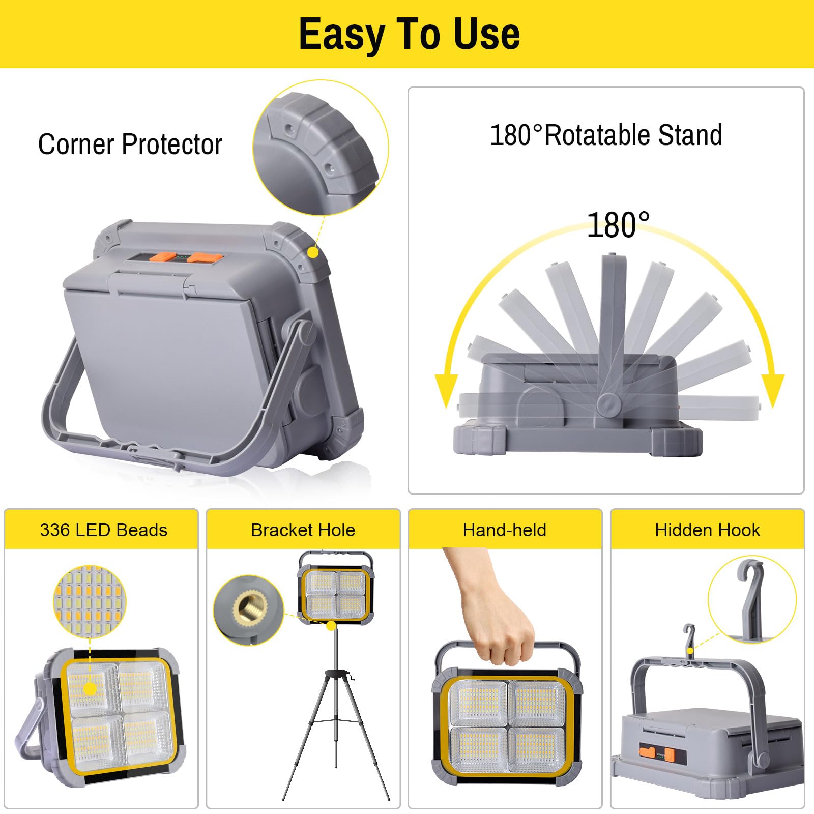 ERAY LED Work Light 150W with 4 Solar Panels, 12000mAH, 336 LED Beads, IP64, Stepless Dimming, Portable, Grey, Model SD-