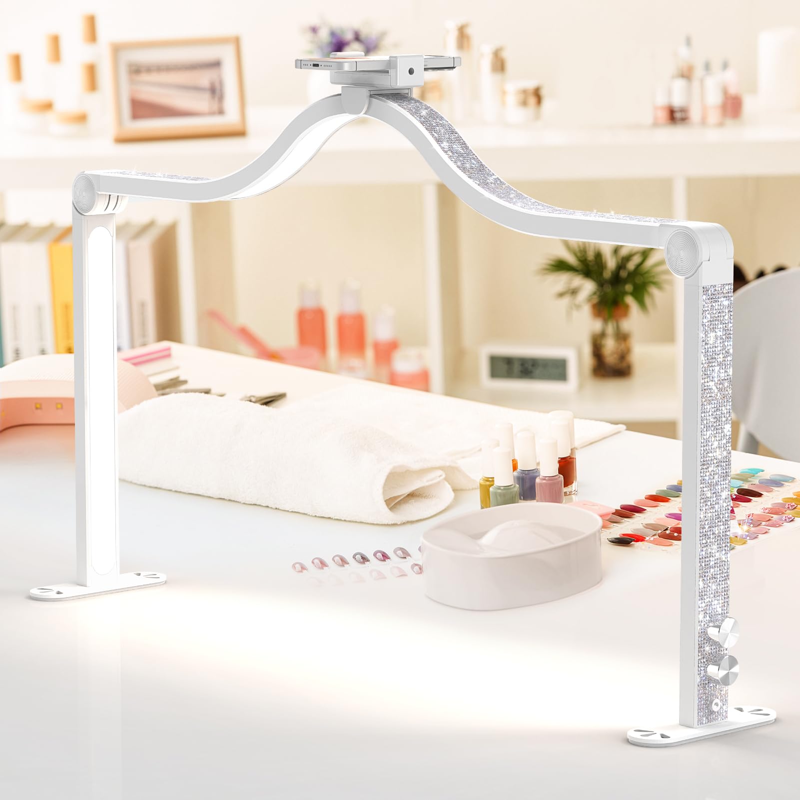 Large Super Bright Half Moon Led Light For Table Nail Desk, Professional Nail Lamp For Desk For Nail Techs With Phone Stand Perf