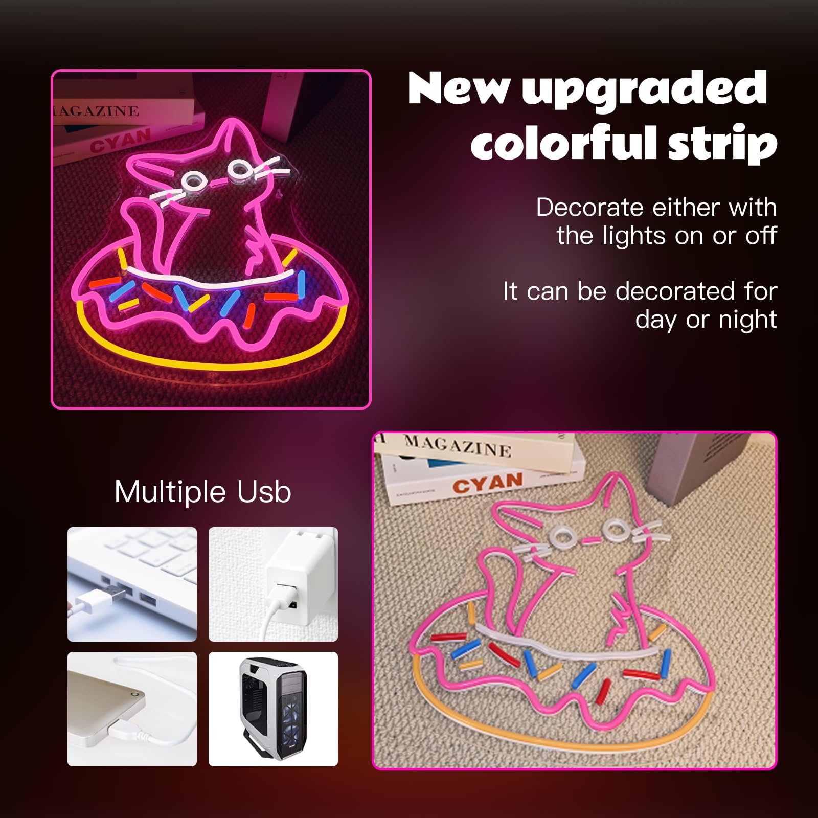 Ineonlife Donut Cat Neon Sign Led Lights Neon Lights For Wall Decor Led Sign For Donut Shop Cat Lover Donut Bakery Snack Shop Classroom Bedroom Cafe Gifts For Teens