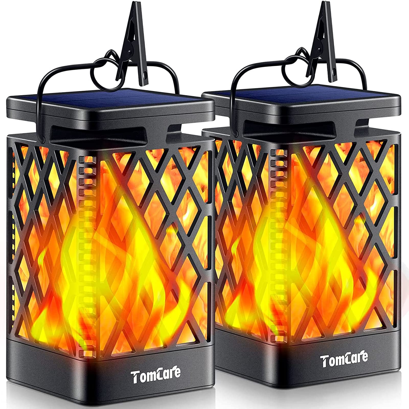 TomCare Solar Lights Outdoor Lanterns, Waterproof LED Flickering Flame, 2 Pack, Black, Model SZ-19025