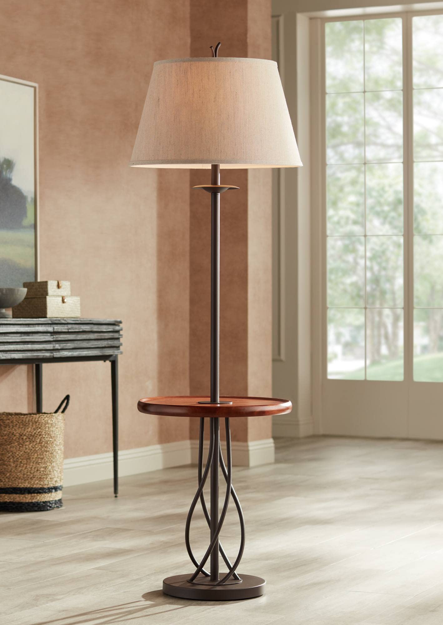 Franklin Iron Works Rustic Floor Lamp with Tray Table, 63.5" Tall, Brown Linen Shade, Wood Twisted Iron Base, Model N5774