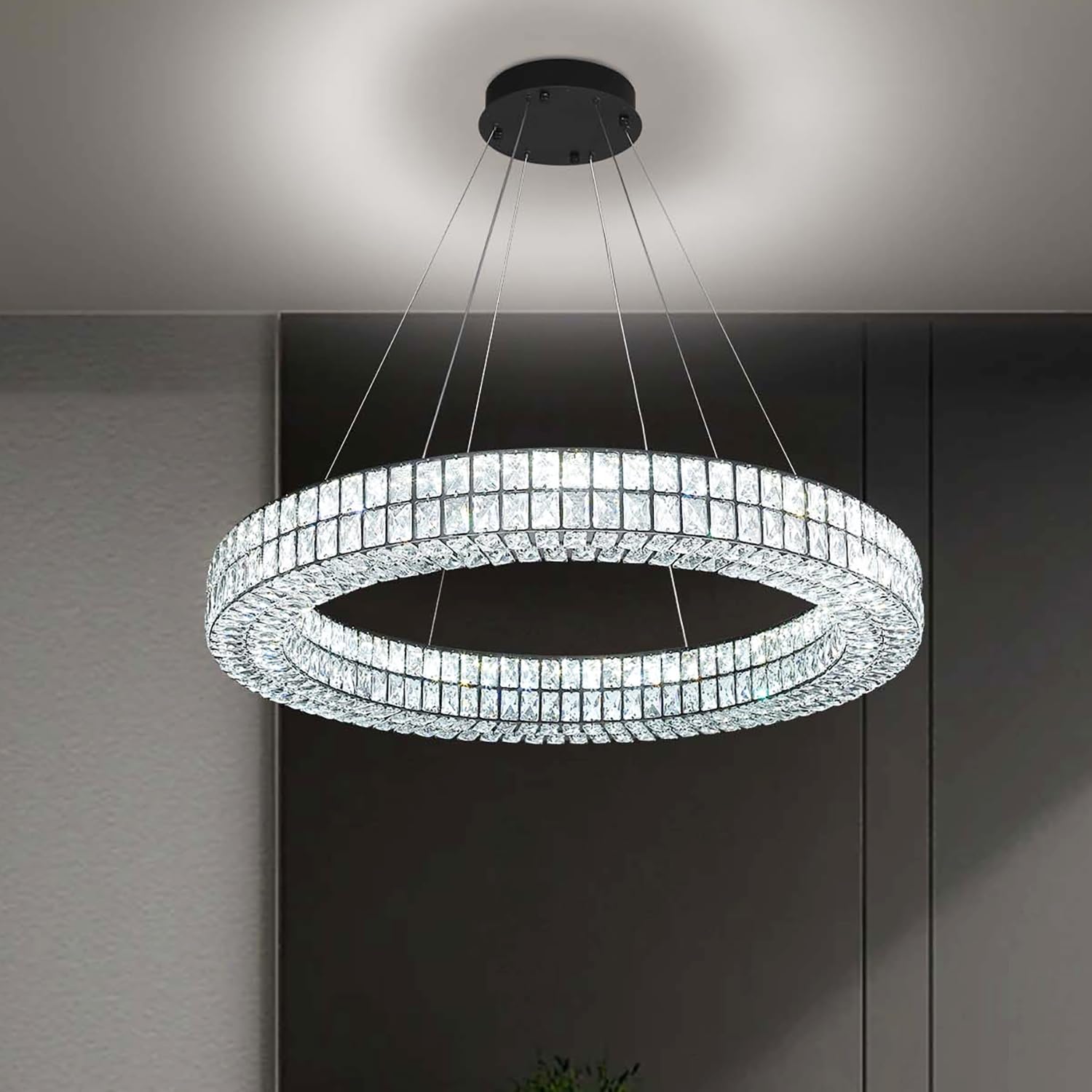 Idequy Modern Black Led Ring Chandelier Dimmable Crystal Chandeliers For Dining Room Foyer Living Room Entryway Staircase(2700K-