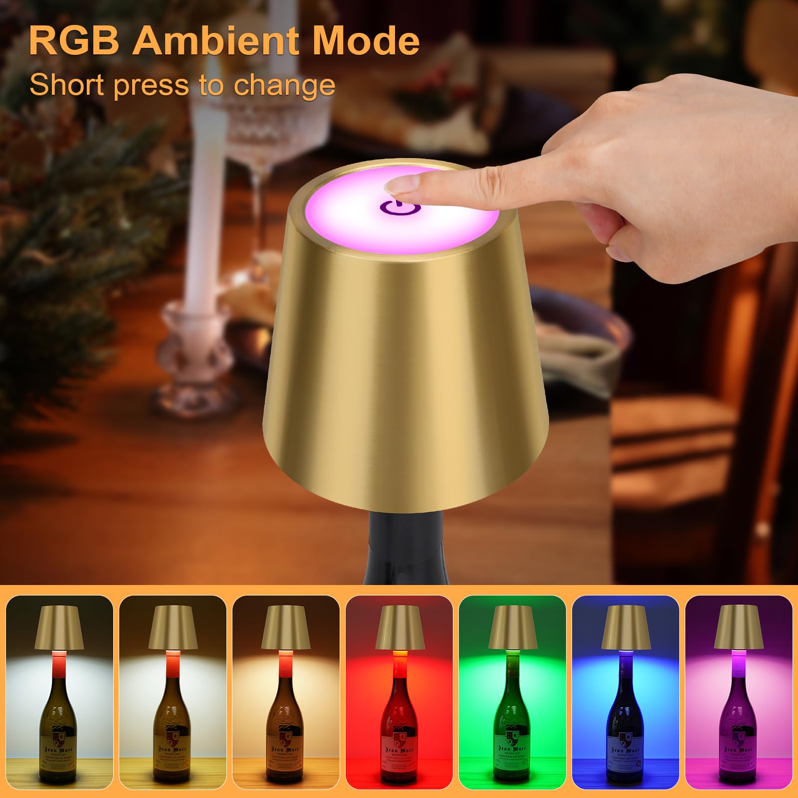 Dusktec Wireless Bottle Lamp Shade, Rgb Led Wine Bottle Lamp With Stopper, 3 Color Stepless Dimming Rechargeable Touch Wine Bott